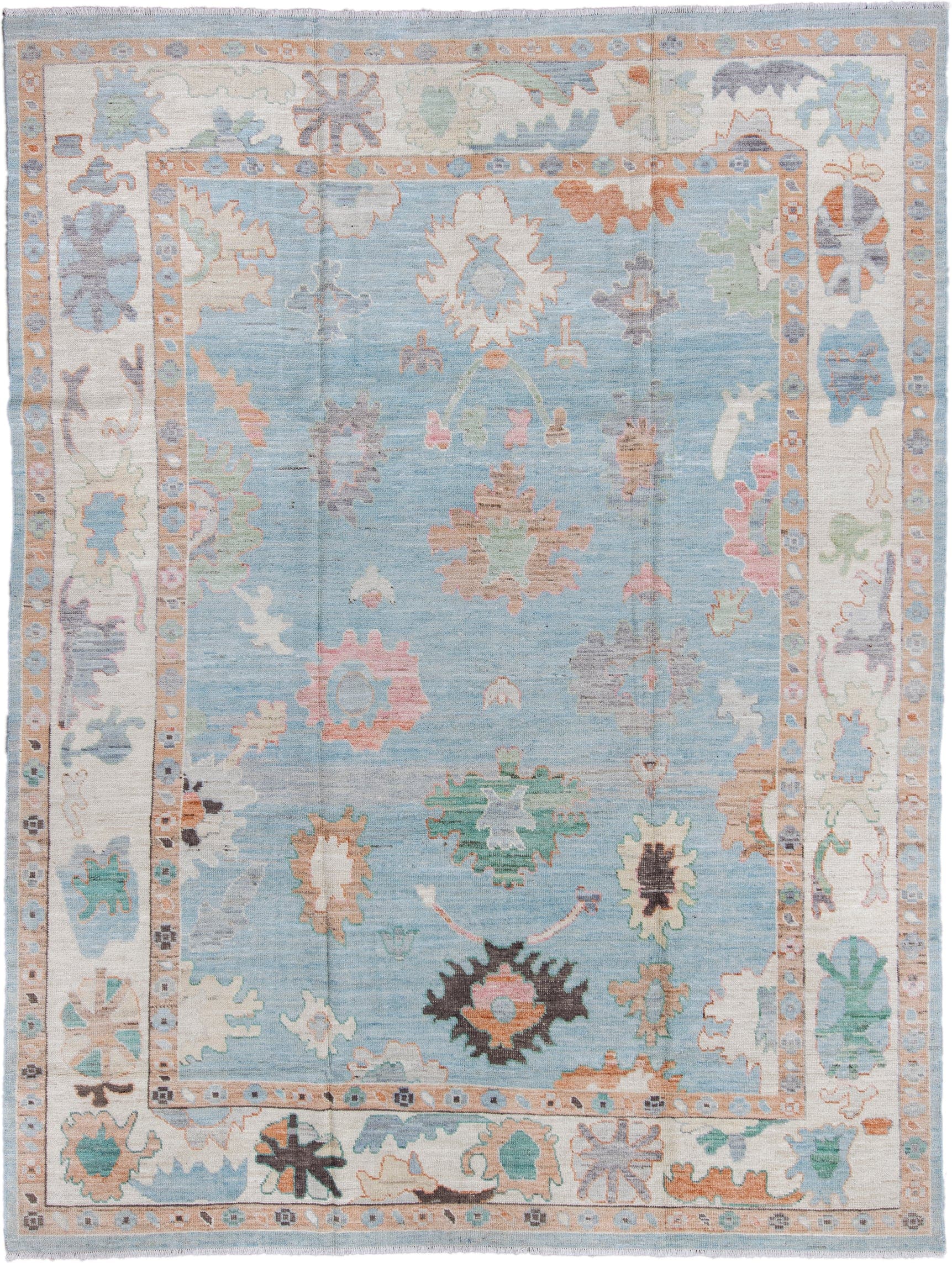 9' x 12' one-of-a-kind handmade vintage Oushak large size rug. Color palette: sky blue, ivory, beige, sage, slate