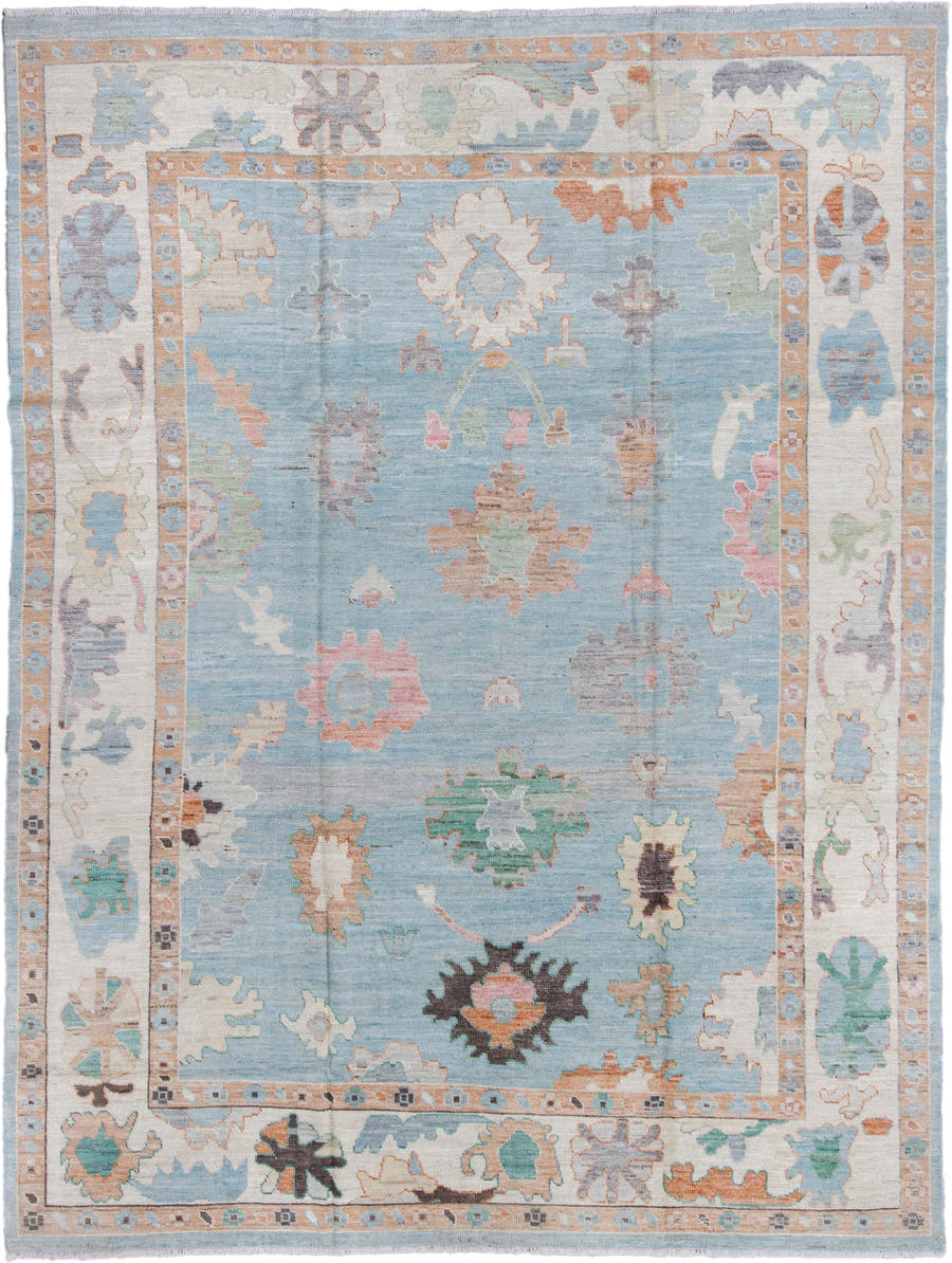 9' x 12' one-of-a-kind handmade vintage Oushak large size rug. Color palette: sky blue, ivory, beige, sage, slate