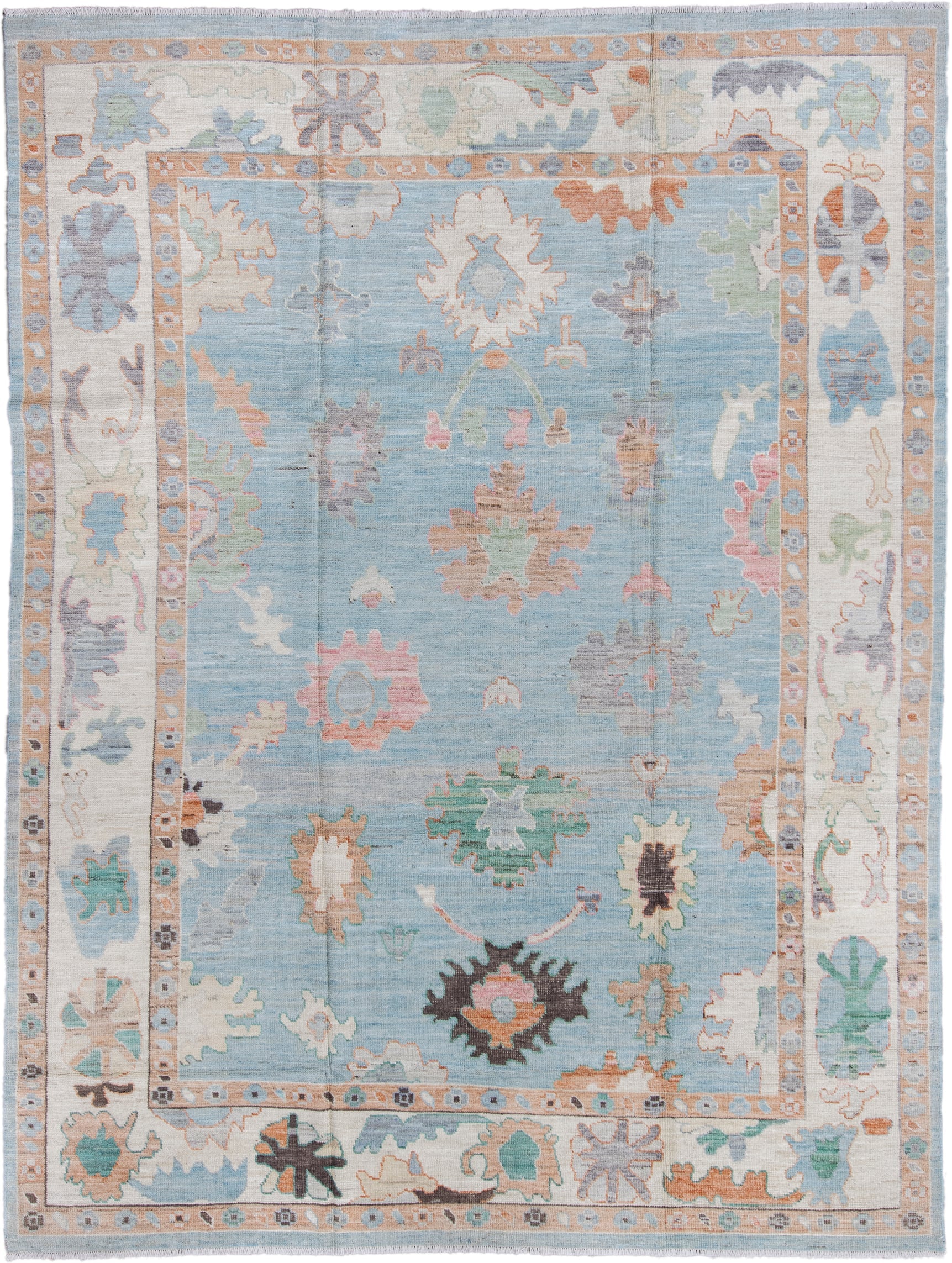 9' x 12' one-of-a-kind handmade vintage Oushak large size rug. Color palette: sky blue, ivory, beige, sage, slate