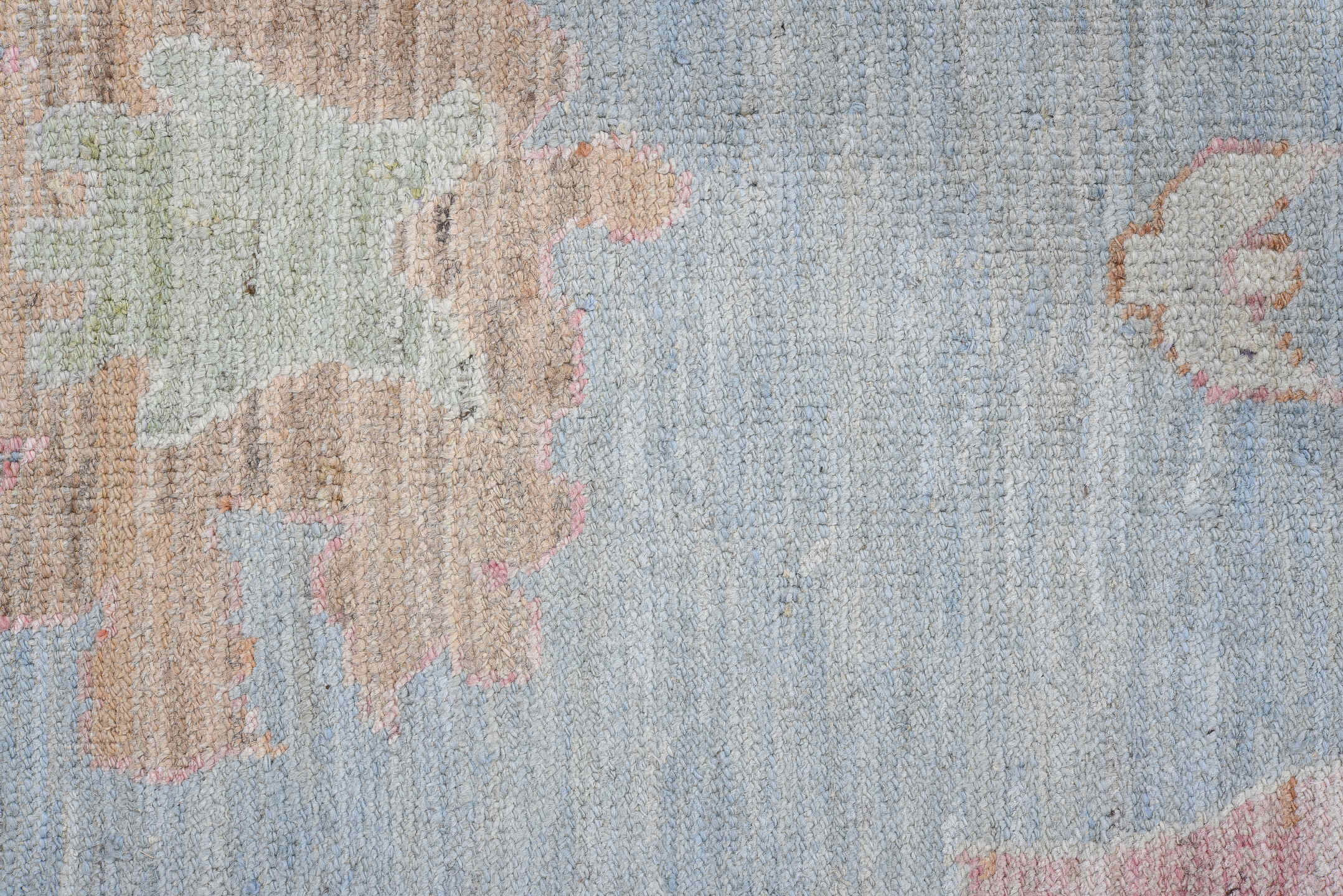 9' x 12' one-of-a-kind handmade vintage Oushak large size rug. Color palette: brown, dark gray, dim gray, gray, light blue