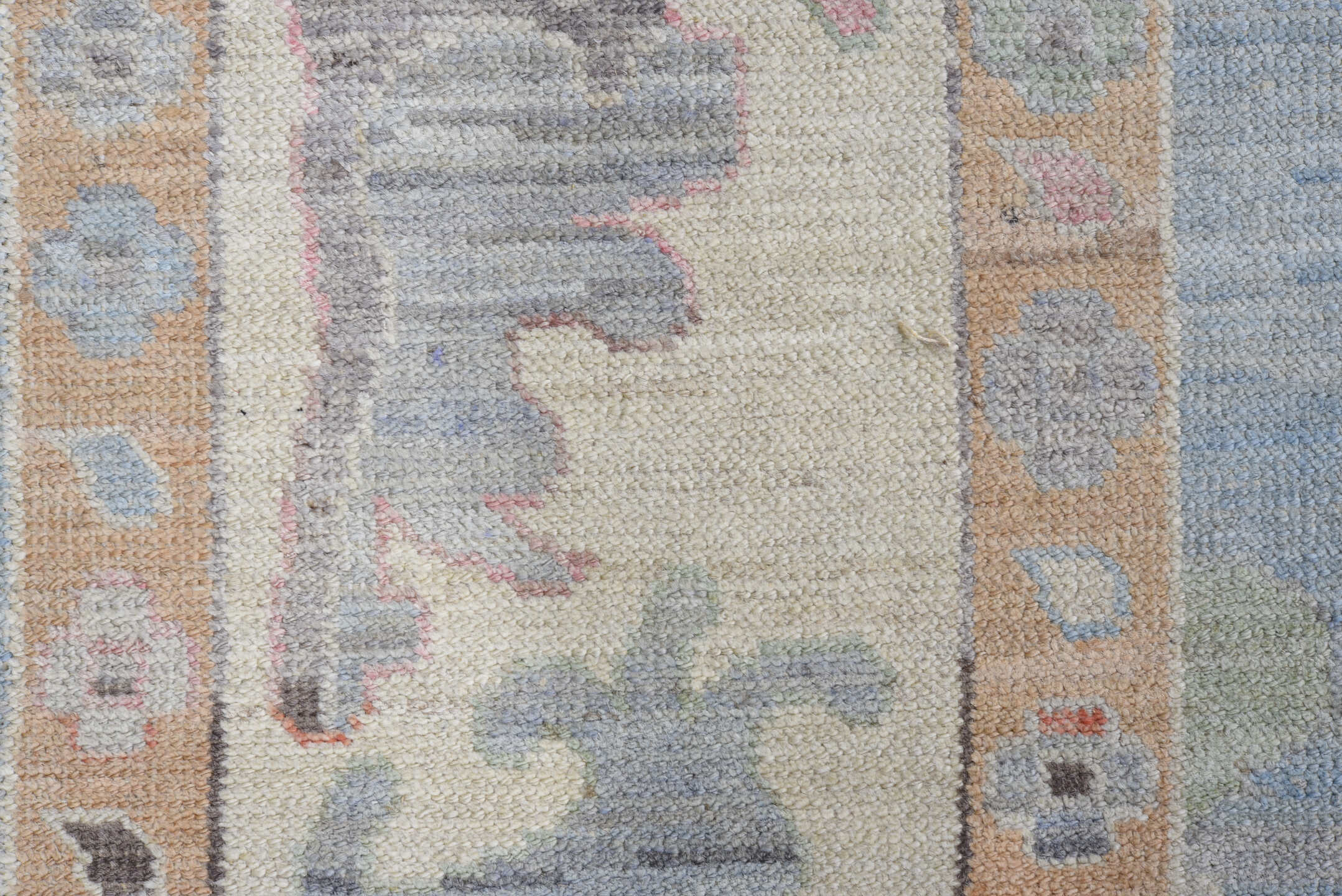 9' x 12' one-of-a-kind handmade vintage Oushak large size rug. Color palette: sky blue, ivory, beige, sage, slate