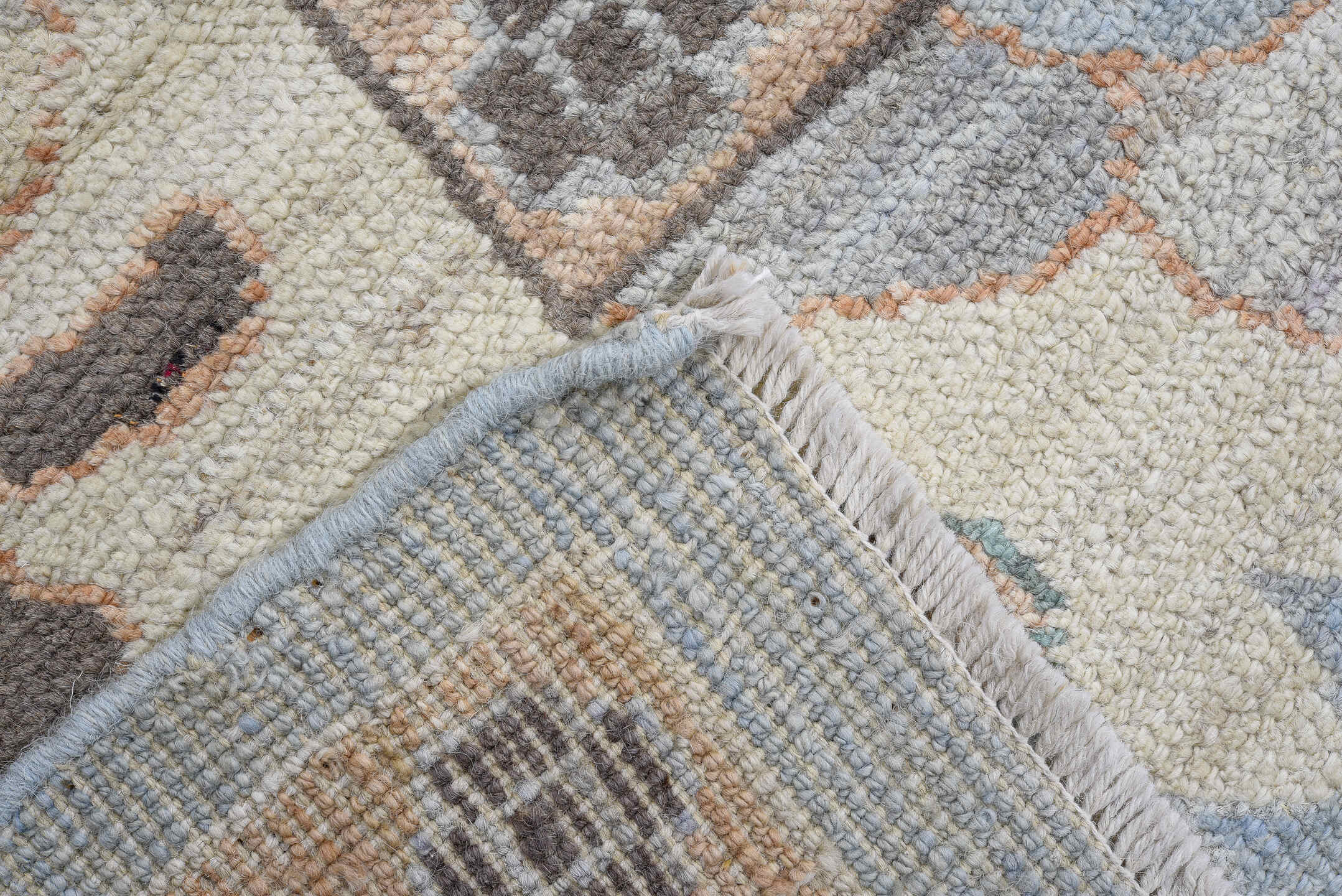 9' x 12' one-of-a-kind handmade vintage Oushak large size rug. Color palette: sky blue, ivory, beige, sage, slate