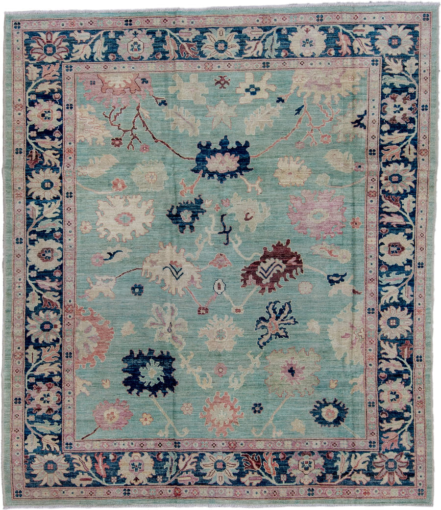 8' x 9' one-of-a-kind handmade vintage Oushak large size rug. Color palette: aqua, navy, ivory, blush, taupe, brown, teal