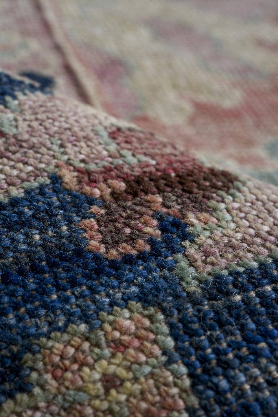8' x 9' one-of-a-kind handmade vintage Oushak large size rug. Color palette: aqua, navy, ivory, blush, taupe, brown, teal