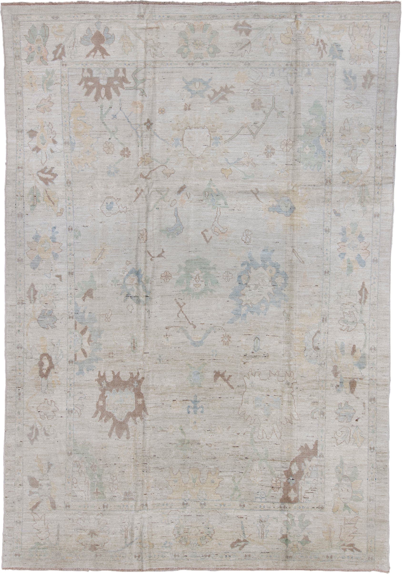 8' x 13' one-of-a-kind handmade vintage Oushak large size rug. Color palette: ivory, pale blue, taupe, sage, cream