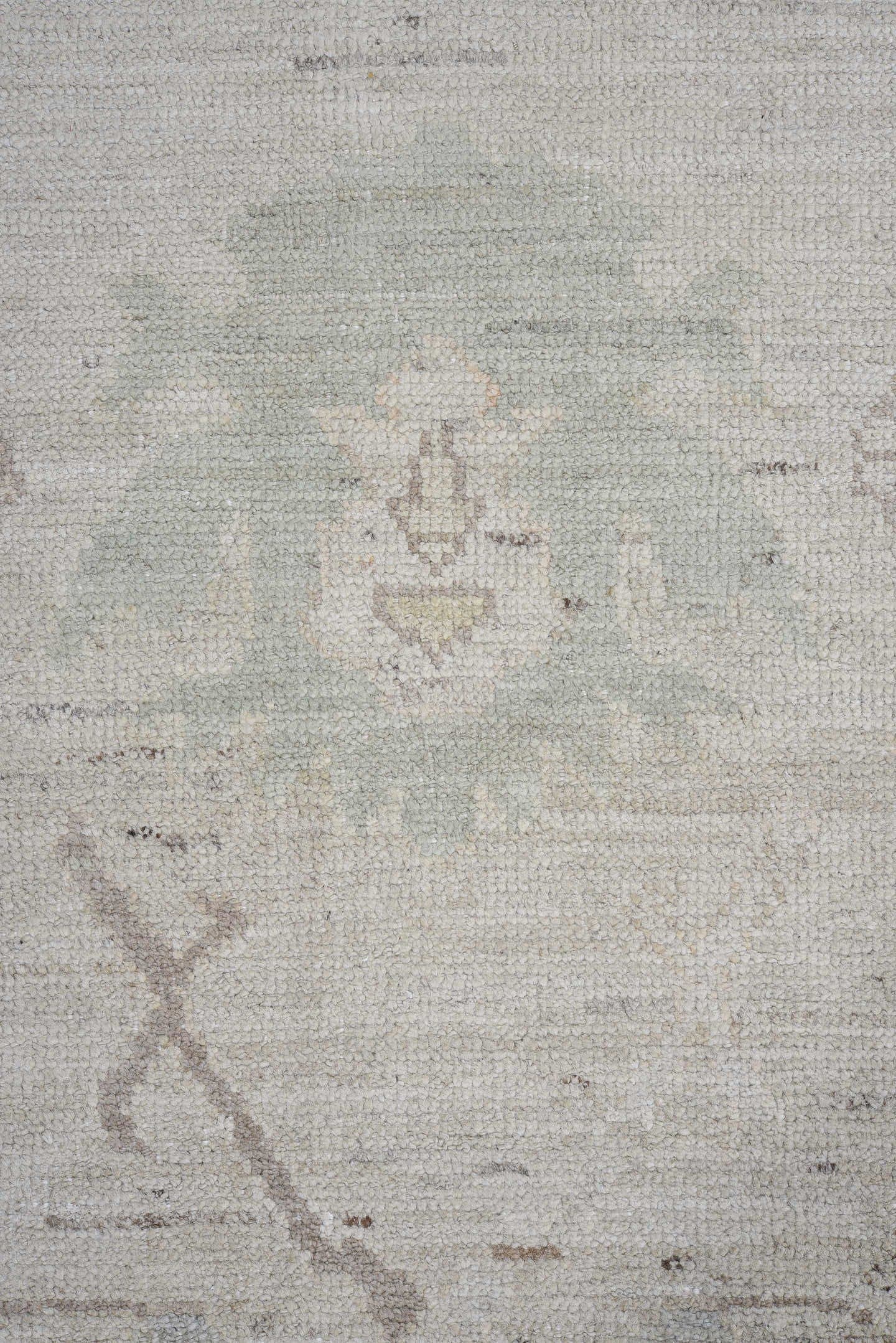 8' x 13' one-of-a-kind handmade vintage Oushak large size rug. Color palette: ivory, pale blue, taupe, sage, cream