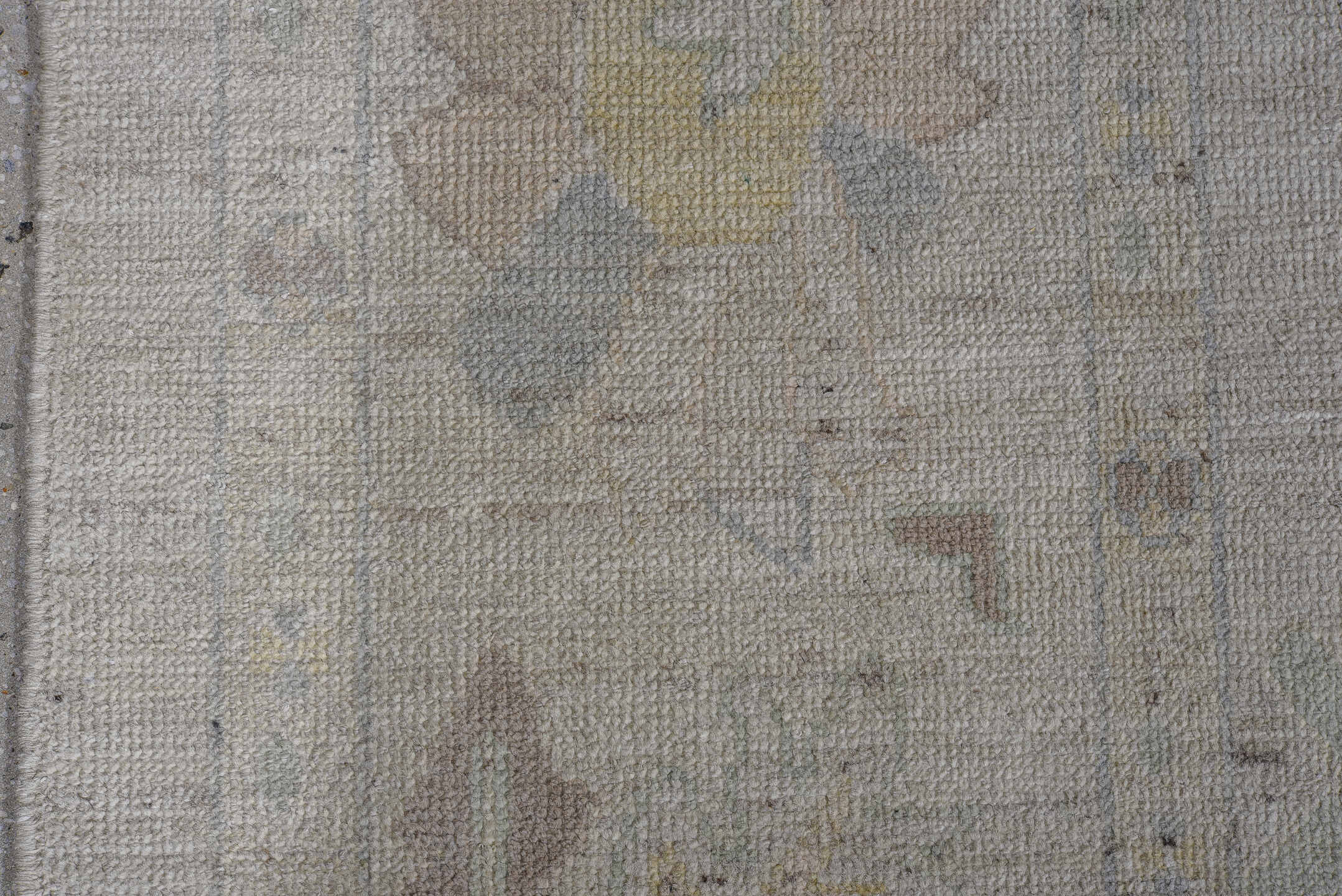 8' x 13' one-of-a-kind handmade vintage Oushak large size rug. Color palette: ivory, pale blue, taupe, sage, cream