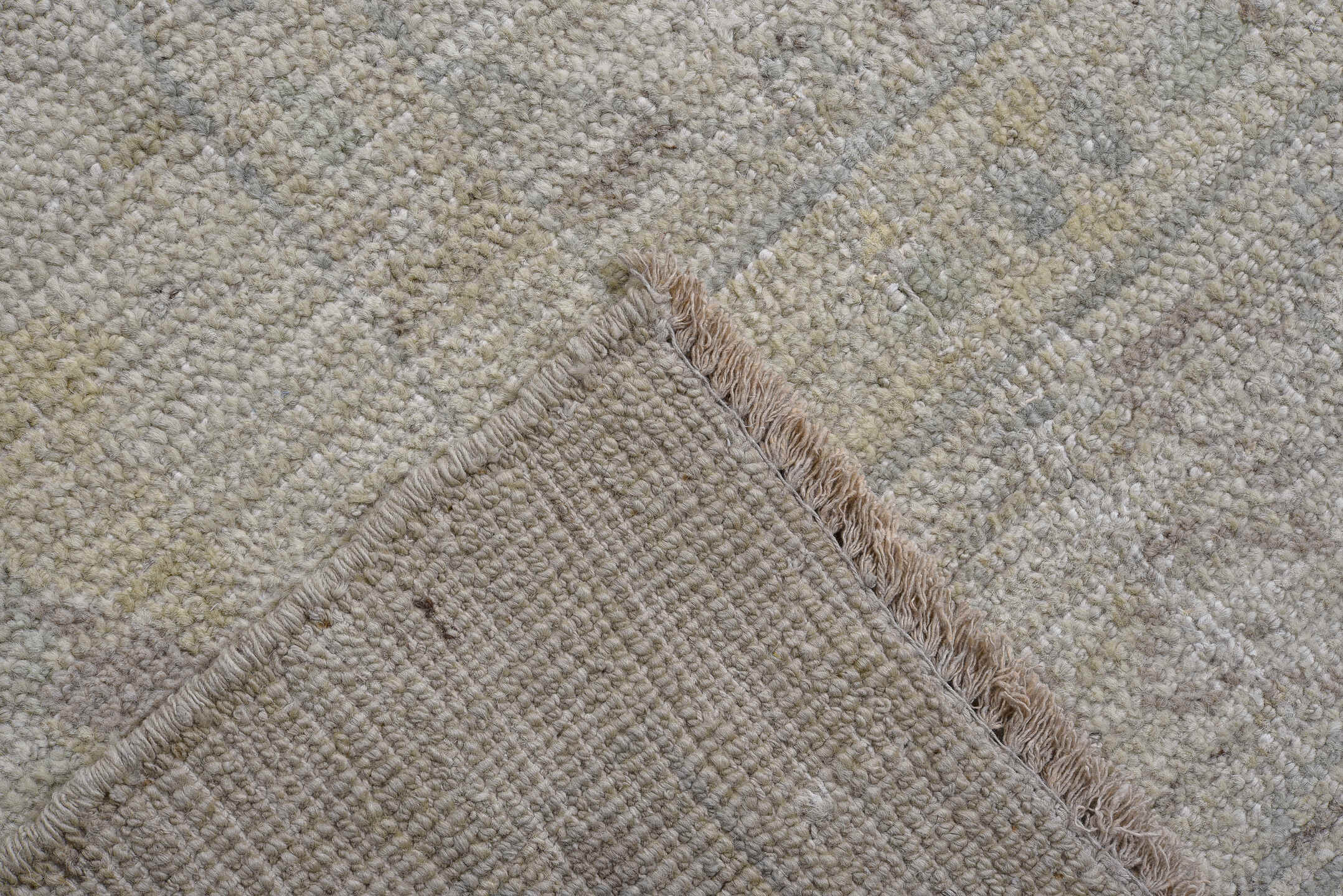 8' x 13' one-of-a-kind handmade vintage Oushak large size rug. Color palette: ivory, pale blue, taupe, sage, cream