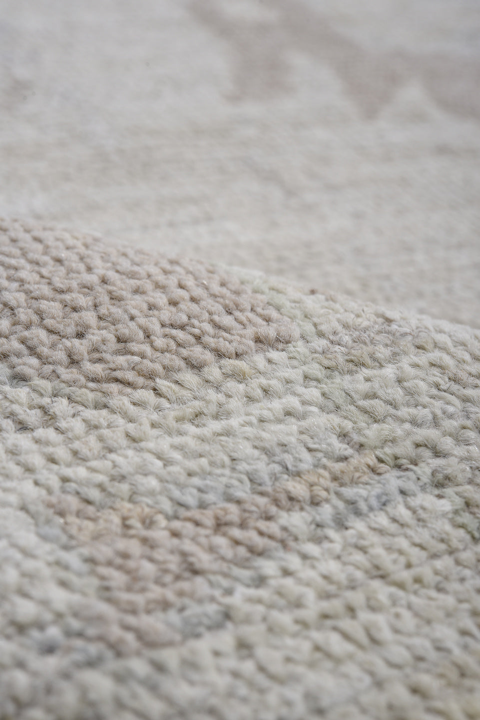 8' x 13' one-of-a-kind handmade vintage Oushak large size rug. Color palette: ivory, pale blue, taupe, sage, cream