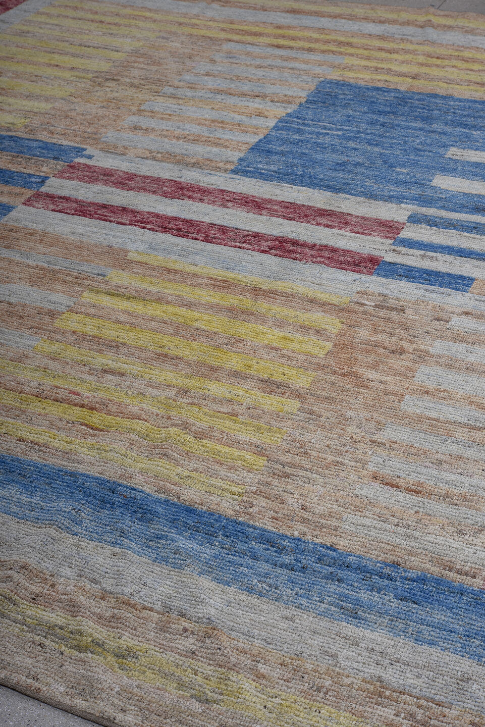 9' x 11' one-of-a-kind handmade vintage Tulu large size rug. Color palette: taupe, ivory, blue, ochre, rose, camel, beige