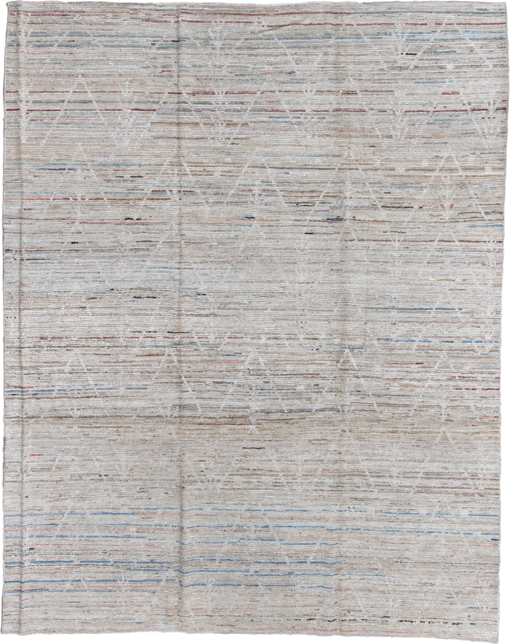 9' x 11' one-of-a-kind handmade vintage Tulu large size rug. Color palette: ivory, beige, taupe, pale blue, rust, charcoal