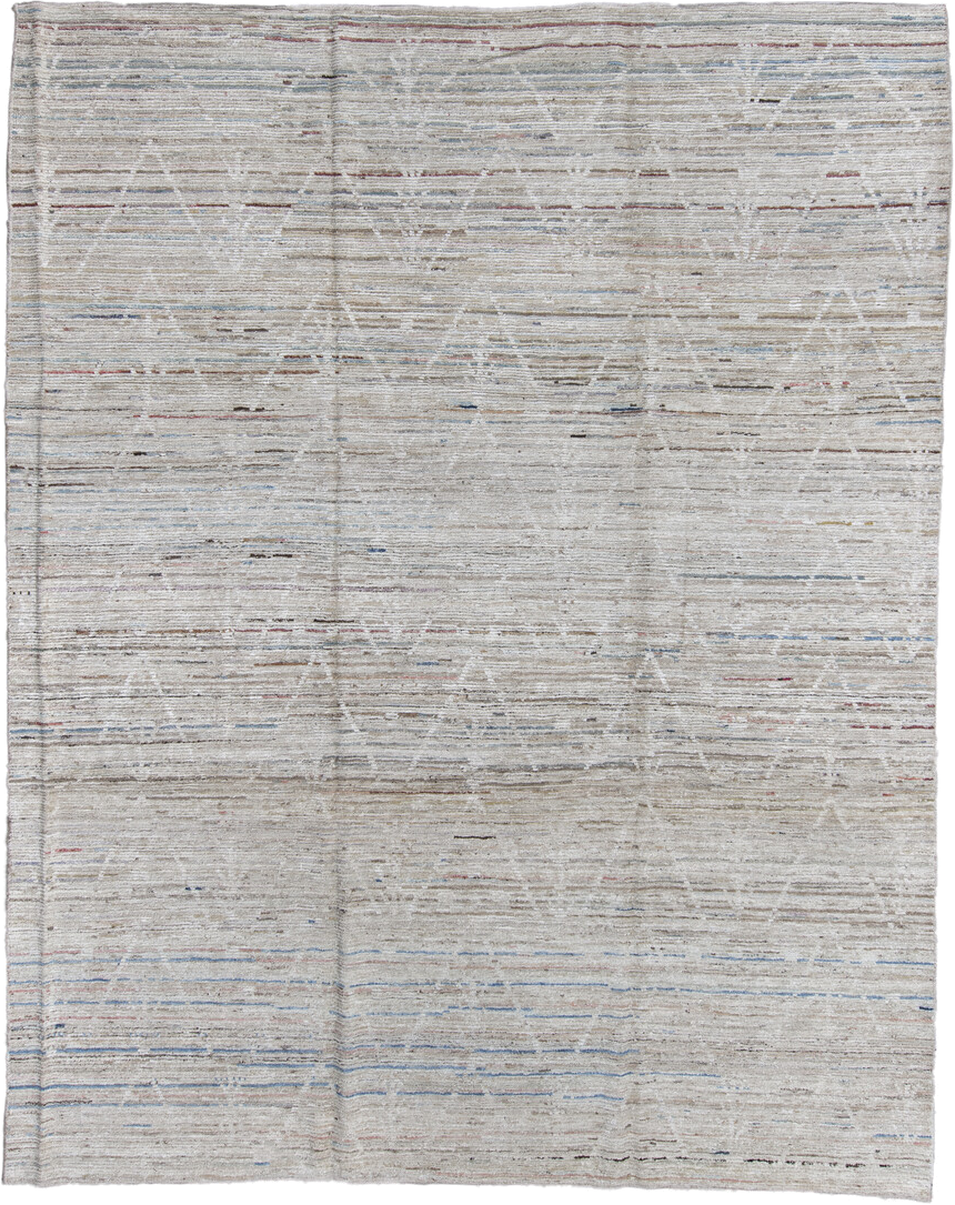 9' x 11' one-of-a-kind handmade vintage Tulu large size rug. Color palette: ivory, beige, taupe, pale blue, rust, charcoal
