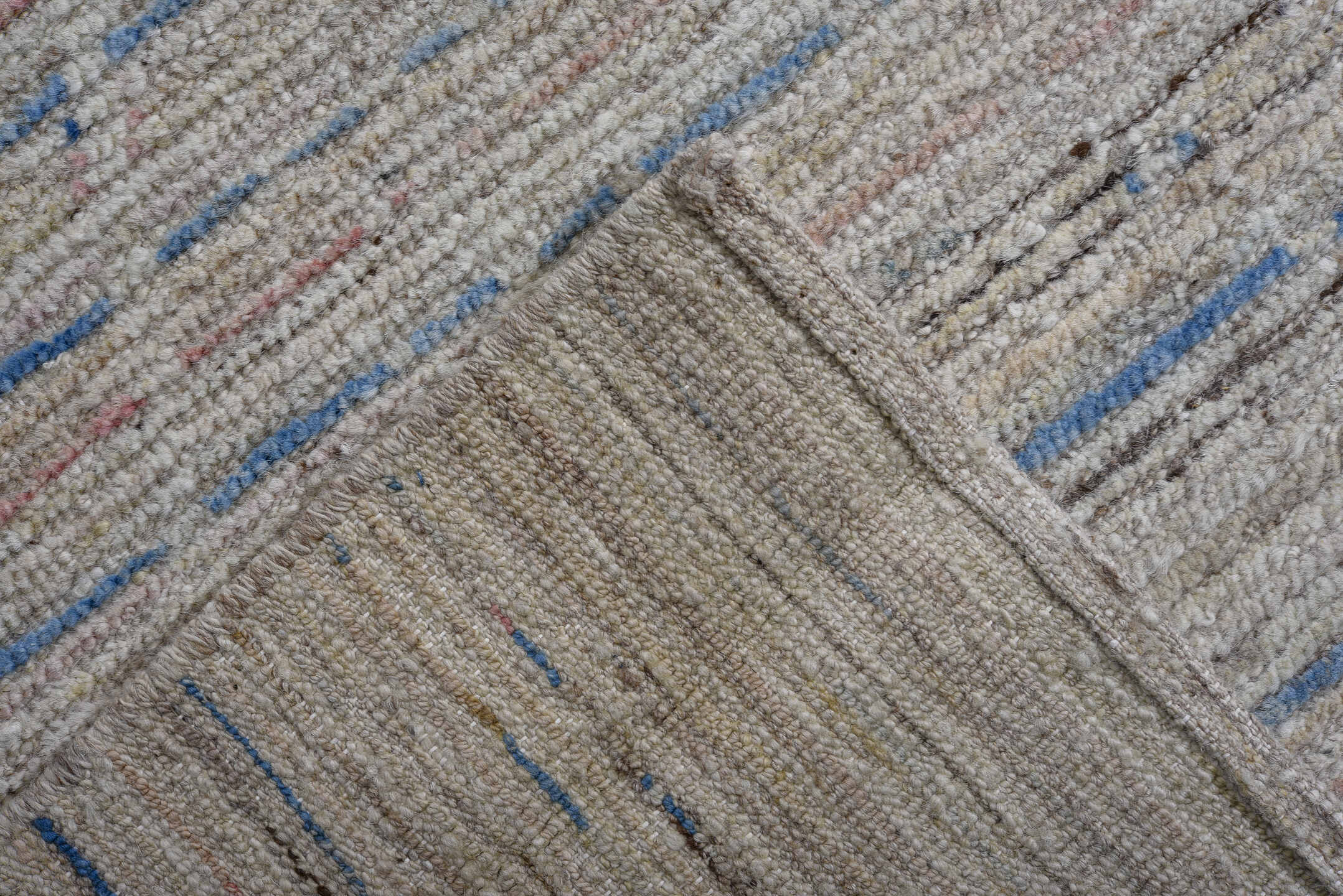 9' x 11' one-of-a-kind handmade vintage Tulu large size rug. Color palette: ivory, beige, taupe, pale blue, rust, charcoal