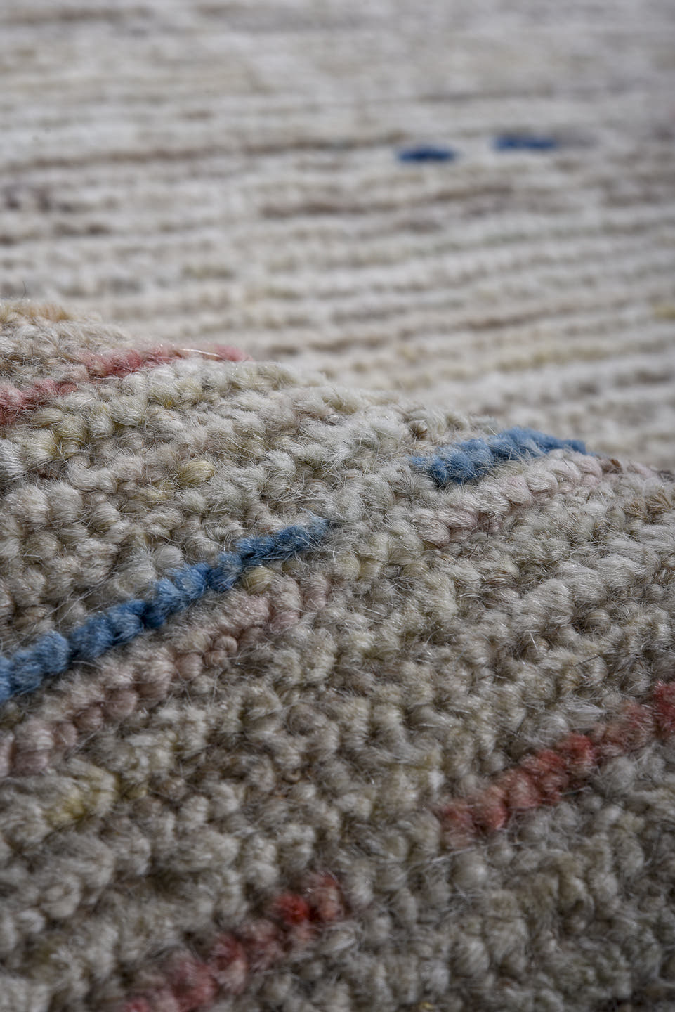 9' x 11' one-of-a-kind handmade vintage Tulu large size rug. Color palette: ivory, beige, taupe, pale blue, rust, charcoal