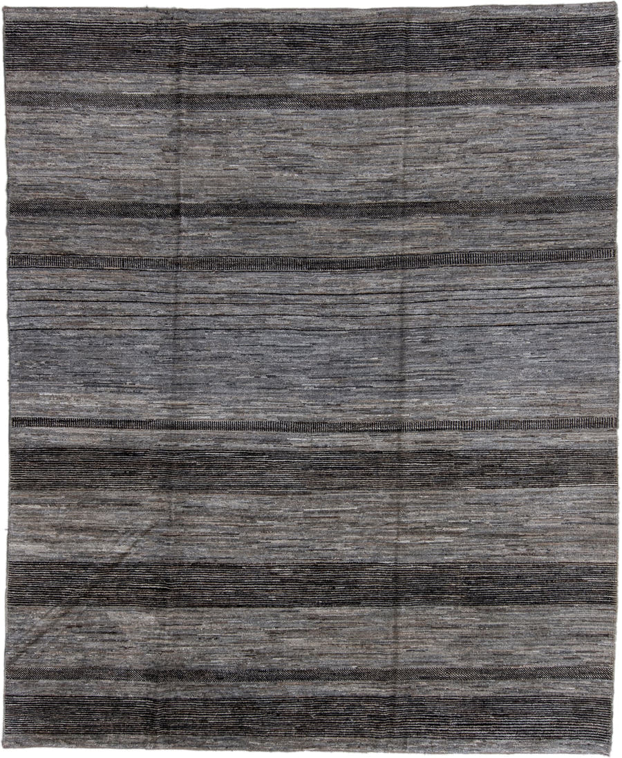 8' x 9' one-of-a-kind handmade vintage Tulu large size rug. Color palette: gray, charcoal, slate, ivory, black