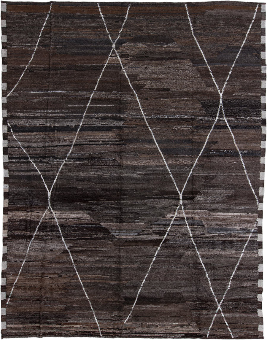 10' x 13' one-of-a-kind handmade vintage Tulu large size rug. Color palette: brown, charcoal, ivory, taupe, slate, gray