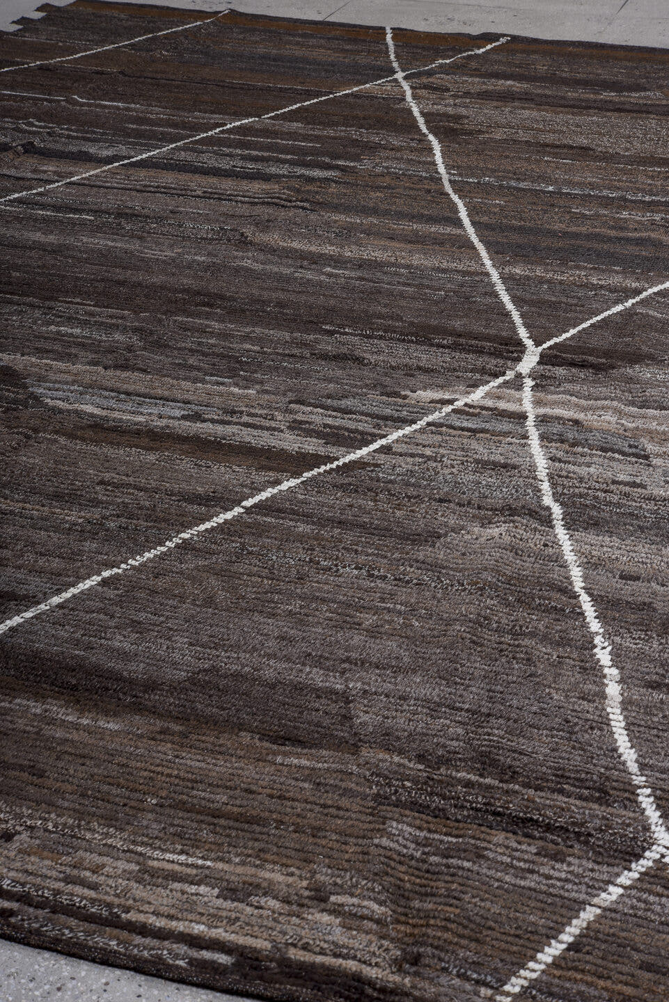 10' x 13' one-of-a-kind handmade vintage Tulu large size rug. Color palette: brown, charcoal, ivory, taupe, slate, gray