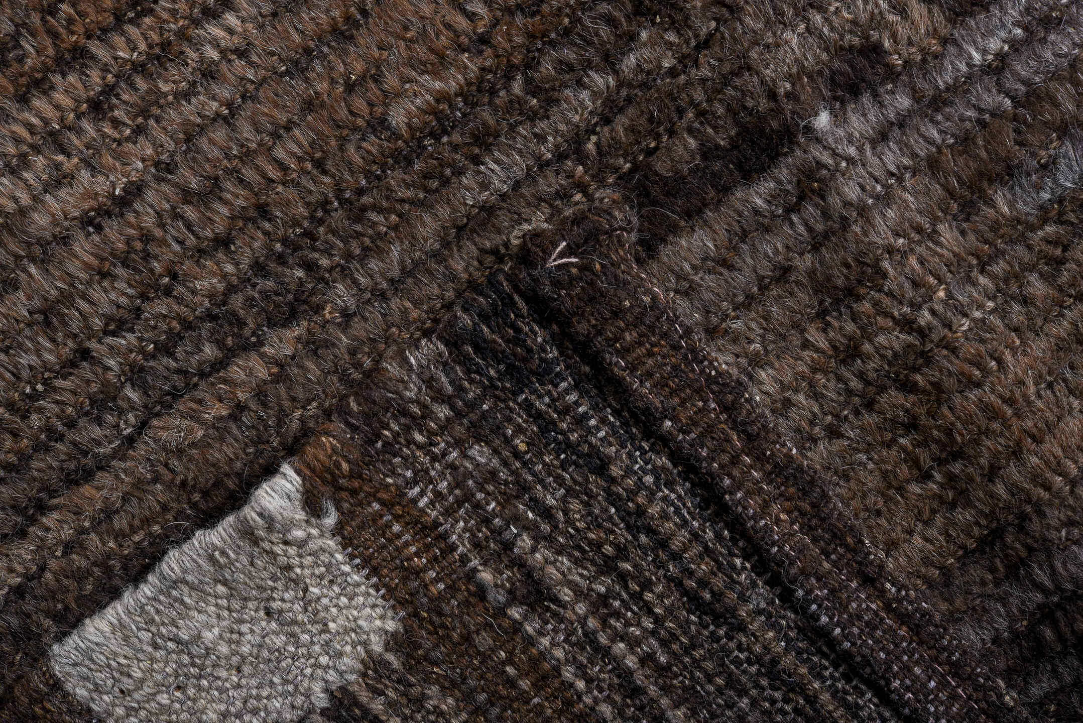 10' x 13' one-of-a-kind handmade vintage Tulu large size rug. Color palette: brown, charcoal, ivory, taupe, slate, gray
