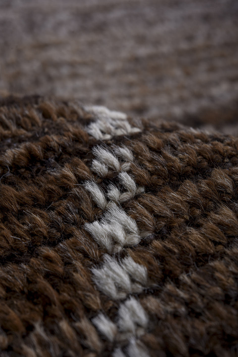 10' x 13' one-of-a-kind handmade vintage Tulu large size rug. Color palette: brown, charcoal, ivory, taupe, slate, gray
