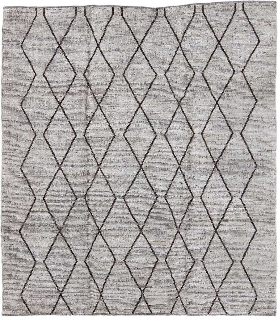 8' x 9' one-of-a-kind handmade vintage Tulu large size rug. Color palette: ivory, charcoal, taupe, gray, black, beige