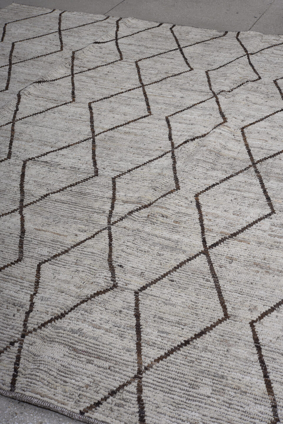 8' x 9' one-of-a-kind handmade vintage Tulu large size rug. Color palette: ivory, charcoal, taupe, gray, black, beige