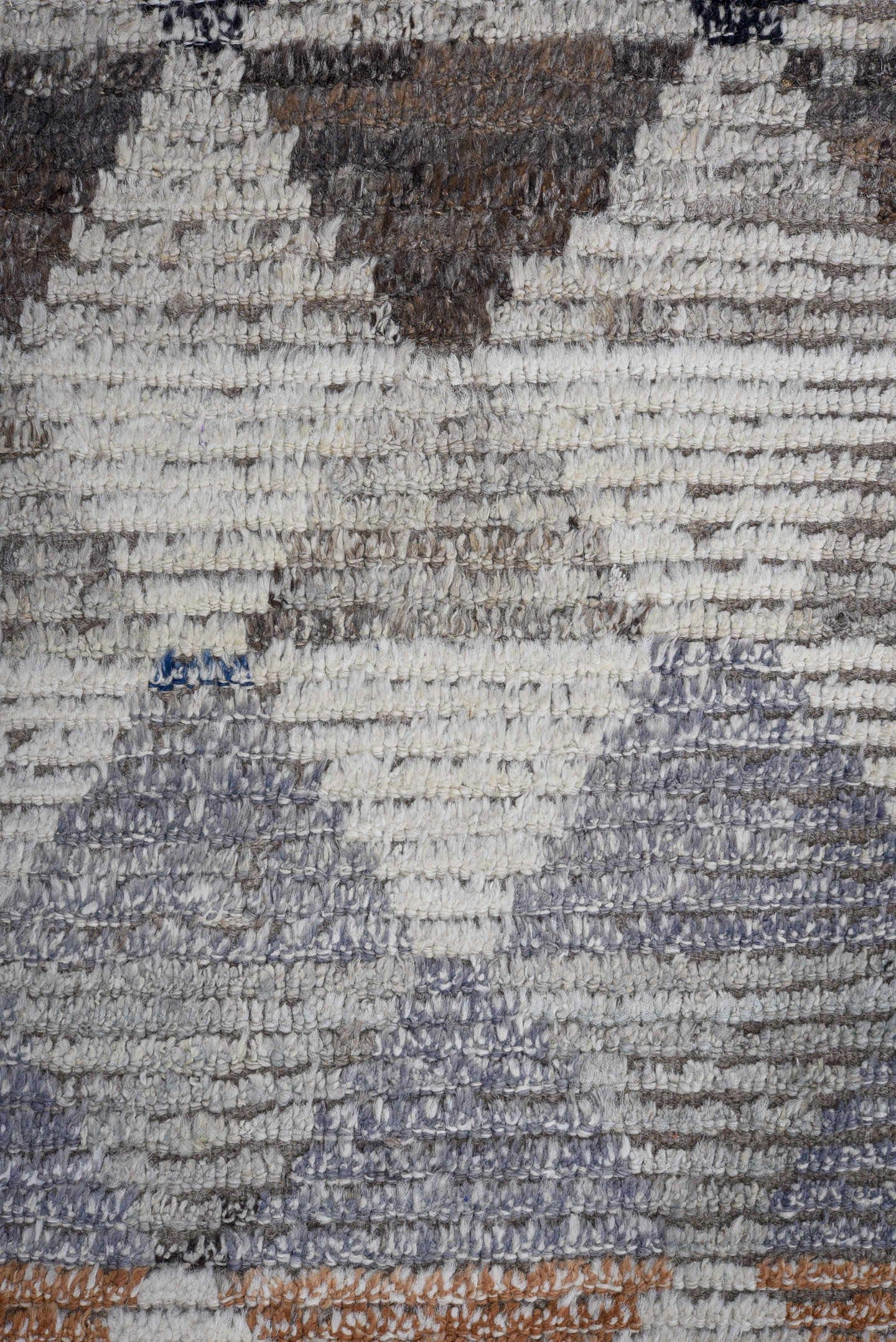 9' x 12' one-of-a-kind handmade vintage Tulu large size rug. Color palette: ivory, blue, charcoal, slate, rust, taupe