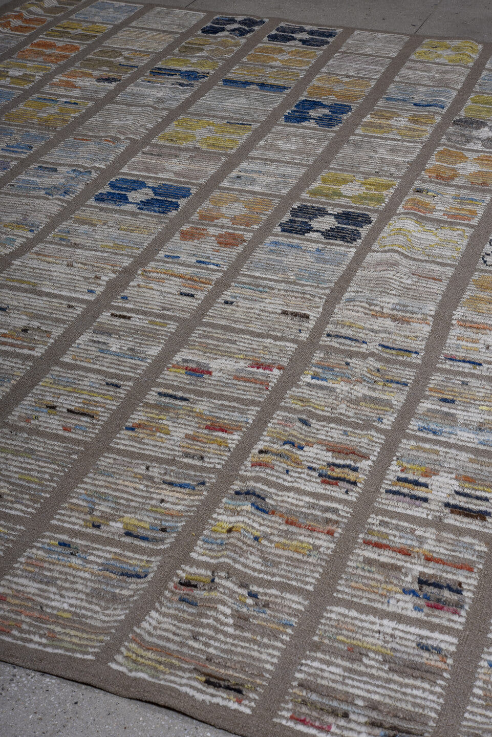 8' x 10' one-of-a-kind handmade vintage Tulu large size rug. Color palette: taupe, ivory, beige, blue, ochre, rust, charcoal