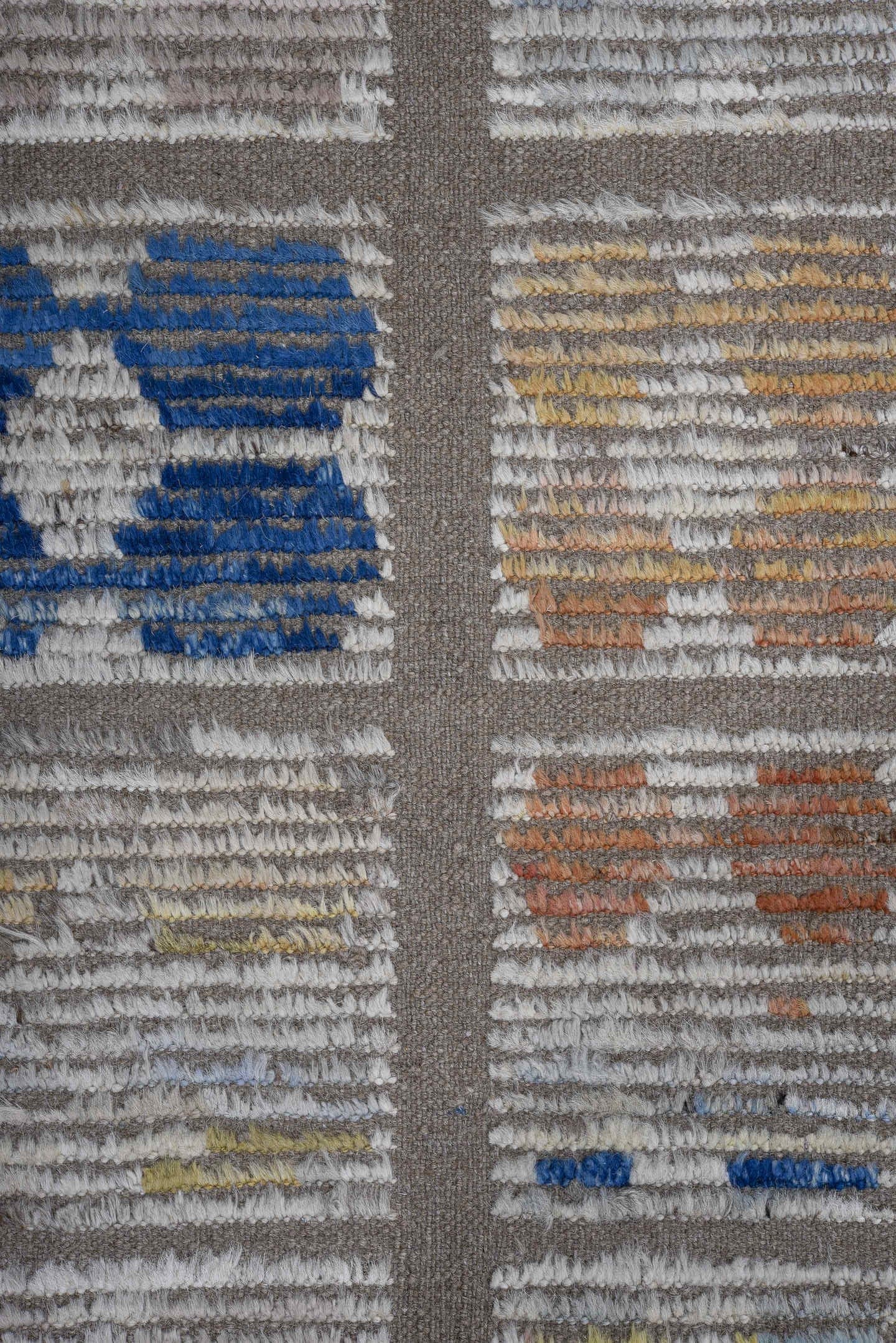 8' x 10' one-of-a-kind handmade vintage Tulu large size rug. Color palette: taupe, ivory, beige, blue, ochre, rust, charcoal