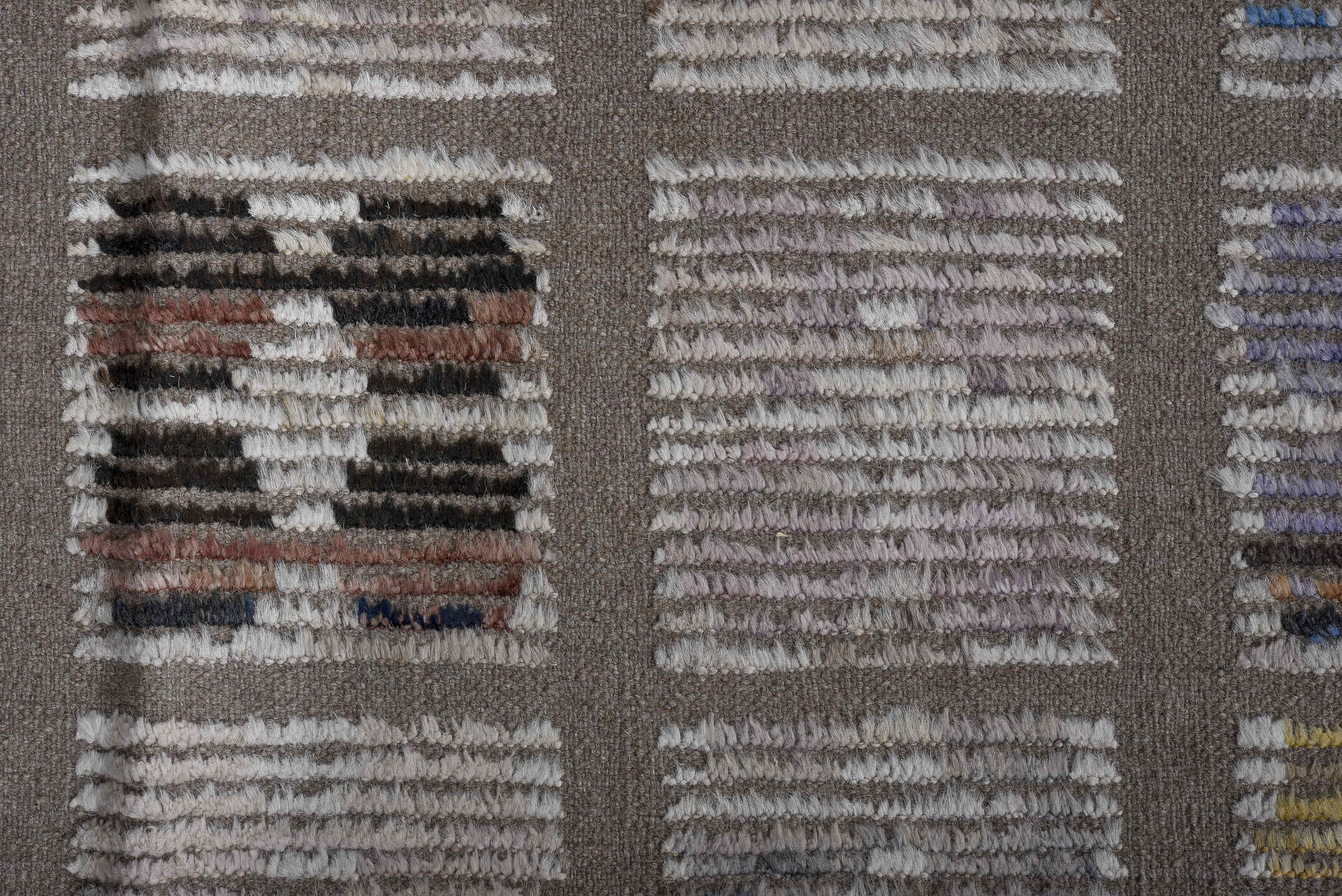 8' x 10' one-of-a-kind handmade vintage Tulu large size rug. Color palette: taupe, ivory, beige, blue, ochre, rust, charcoal