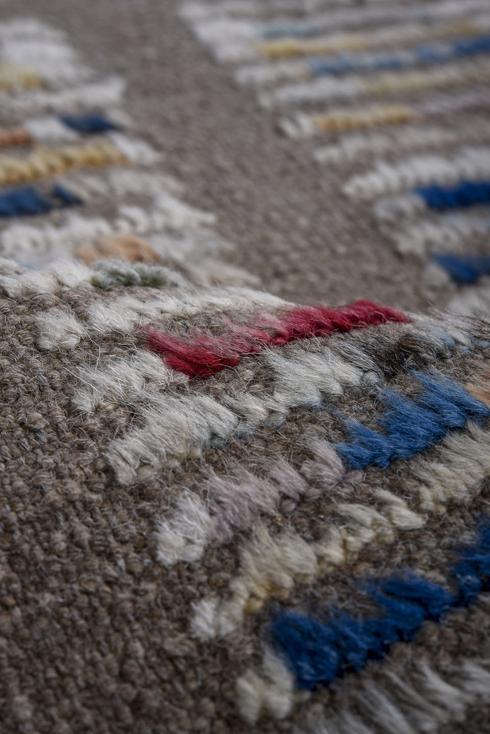 8' x 10' one-of-a-kind handmade vintage Tulu large size rug. Color palette: taupe, ivory, beige, blue, ochre, rust, charcoal