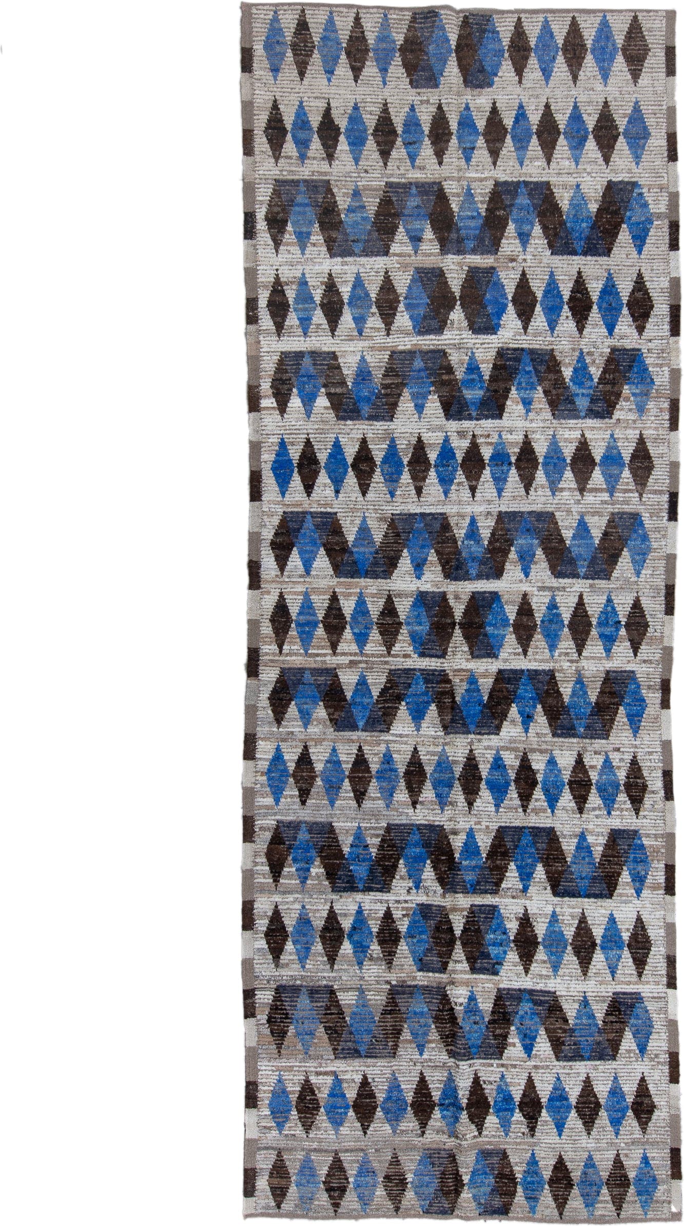 5' x 14' one-of-a-kind handmade vintage Tulu rug. Color palette: ivory, charcoal, cobalt, slate, taupe, gray, black, blue