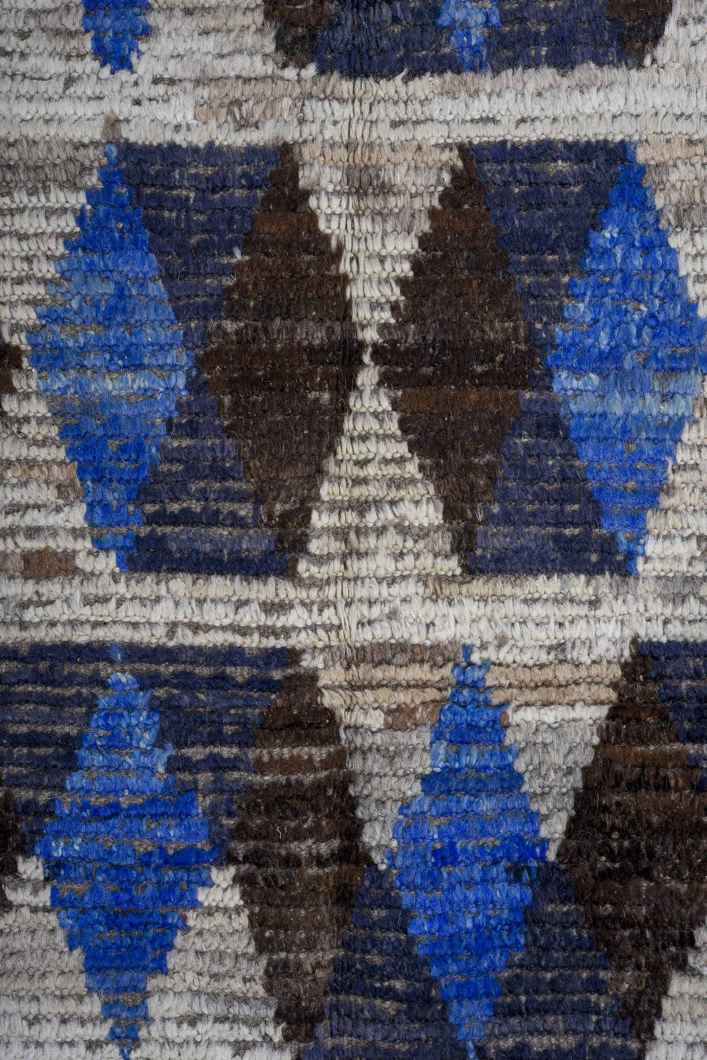 5' x 14' one-of-a-kind handmade vintage Tulu rug. Color palette: ivory, charcoal, cobalt, slate, taupe, gray, black, blue