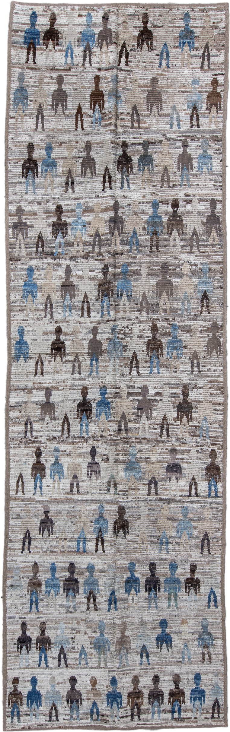4' x 15' one-of-a-kind handmade vintage Tulu runner rug. Color palette: ivory, taupe, charcoal, sky blue, slate, cream