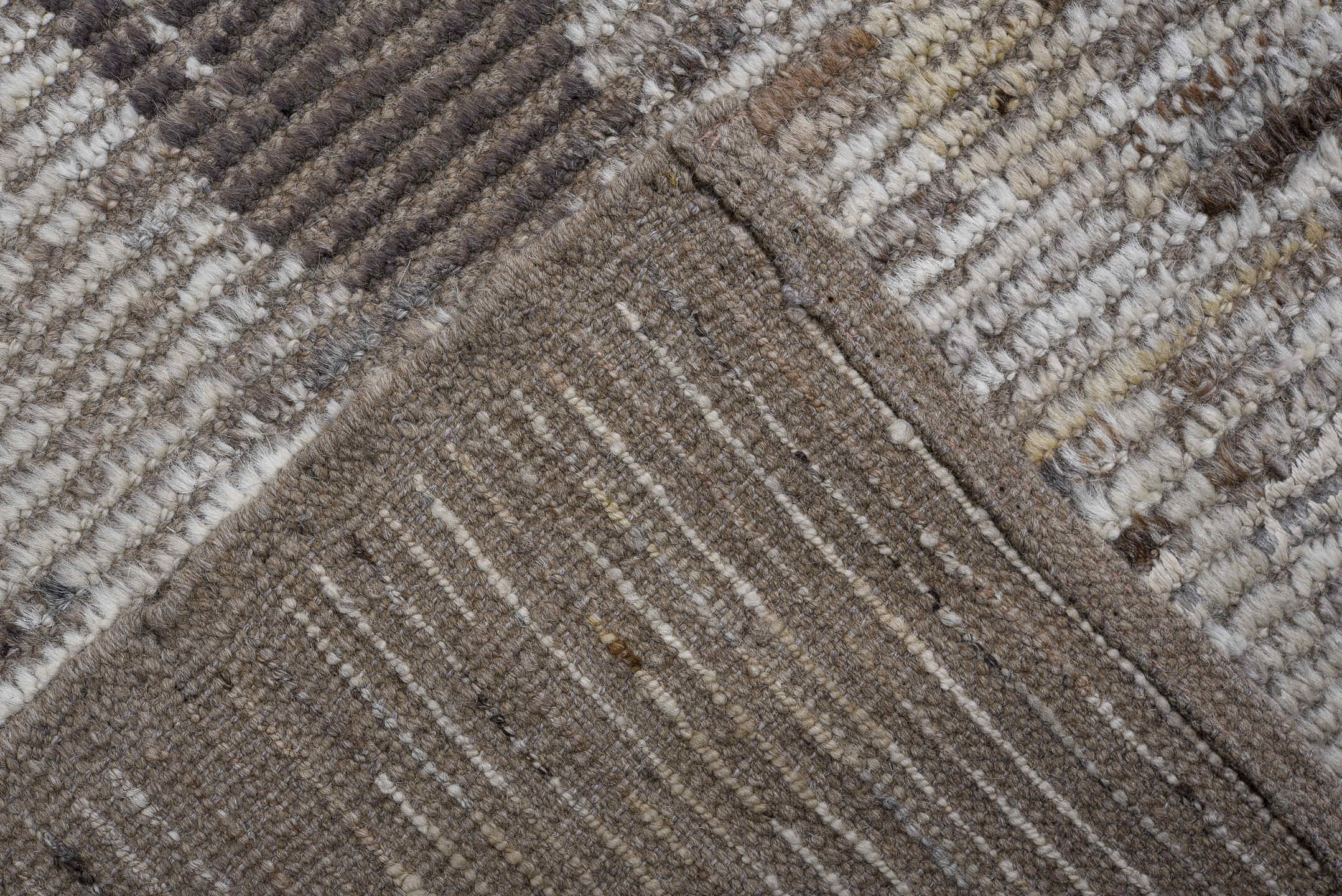 4' x 15' one-of-a-kind handmade vintage Tulu runner rug. Color palette: ivory, taupe, charcoal, sky blue, slate, cream