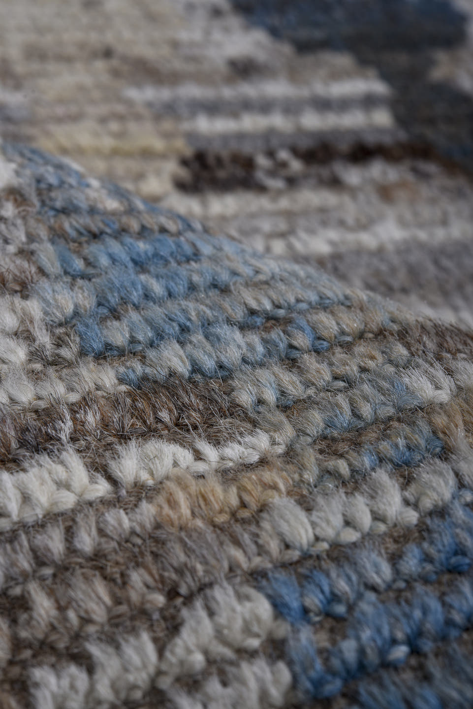 4' x 15' one-of-a-kind handmade vintage Tulu runner rug. Color palette: ivory, taupe, charcoal, sky blue, slate, cream