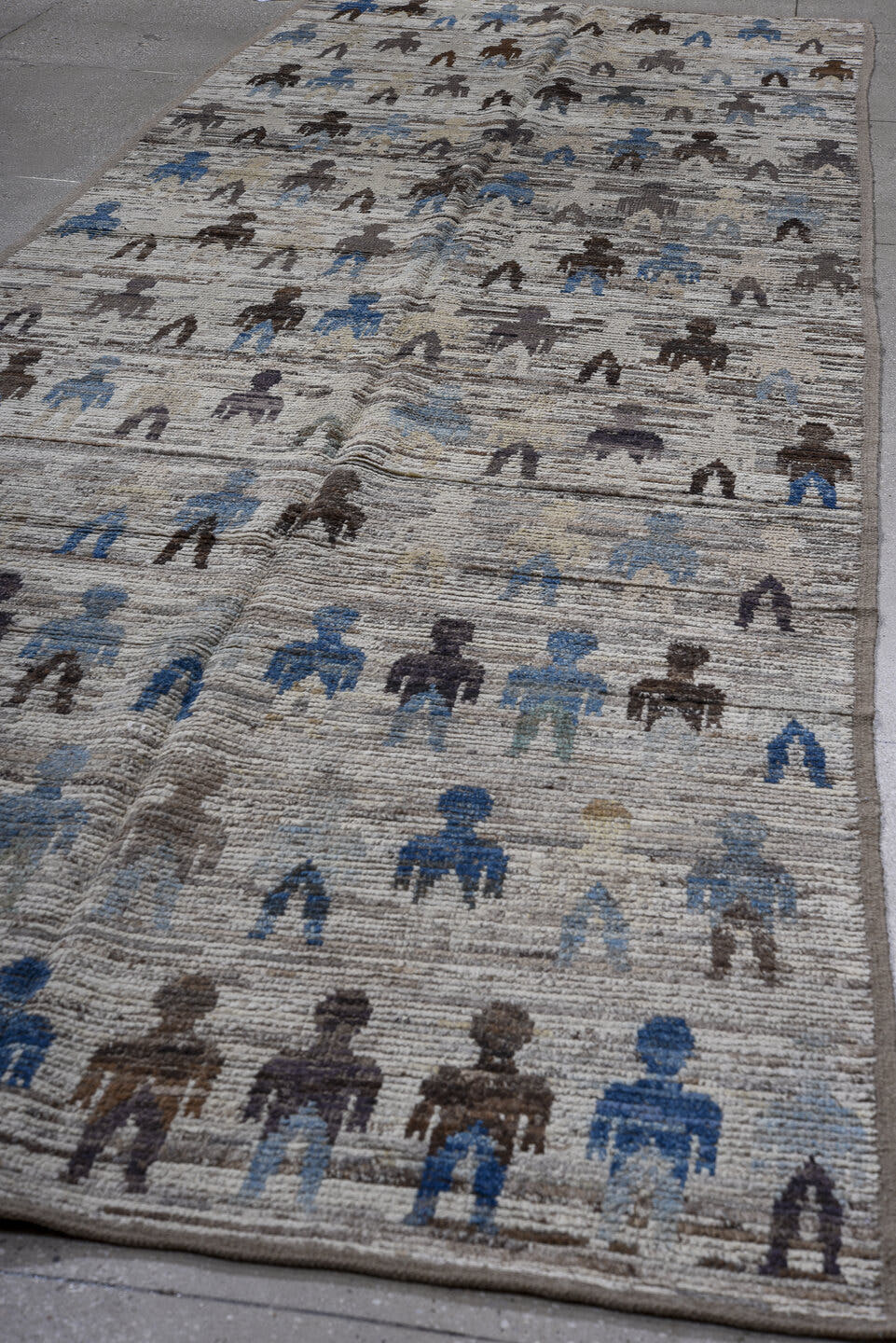 4' x 15' one-of-a-kind handmade vintage Tulu runner rug. Color palette: ivory, taupe, charcoal, sky blue, slate, cream