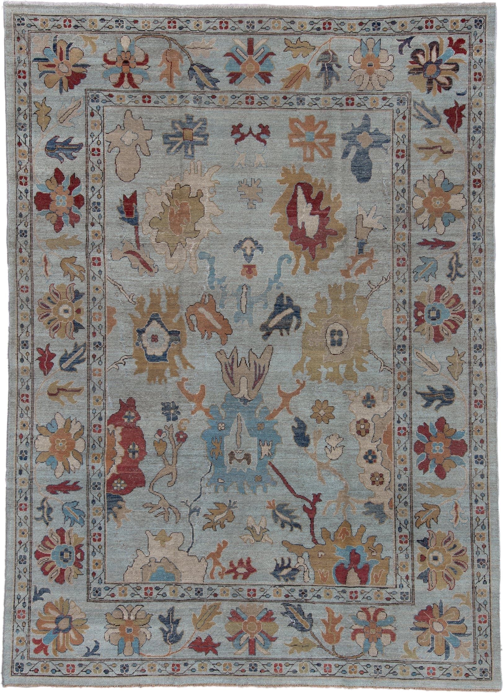 8' x 11' one-of-a-kind handmade vintage Oushak large size rug. Color palette: pale blue, ivory, gold, rust, navy, taupe