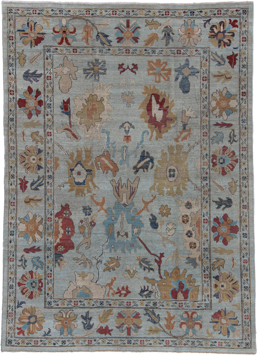 8' x 11' one-of-a-kind handmade vintage Oushak large size rug. Color palette: pale blue, ivory, gold, rust, navy, taupe