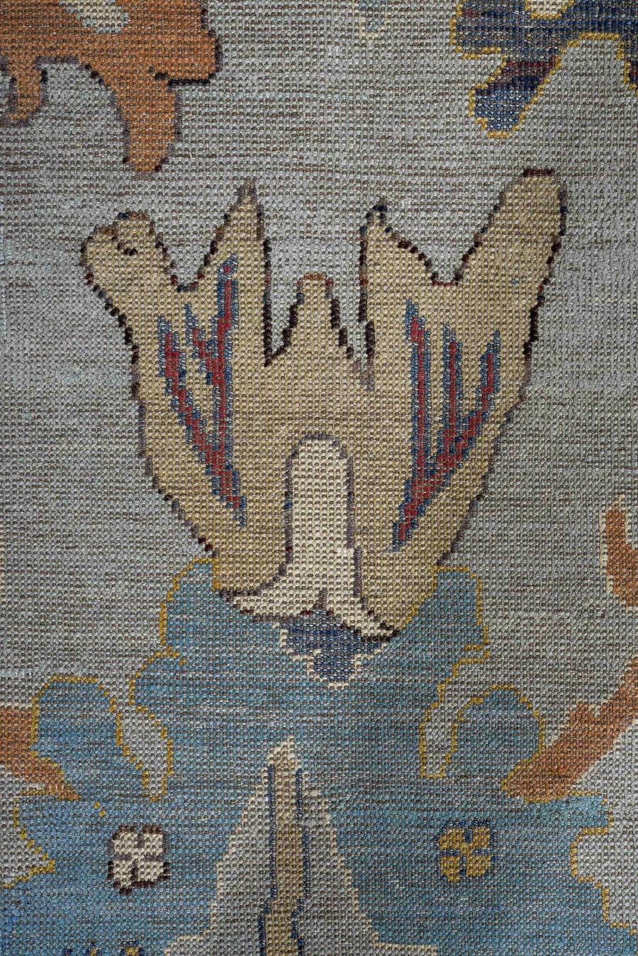 8' x 11' one-of-a-kind handmade vintage Oushak large size rug. Color palette: pale blue, ivory, gold, rust, navy, taupe