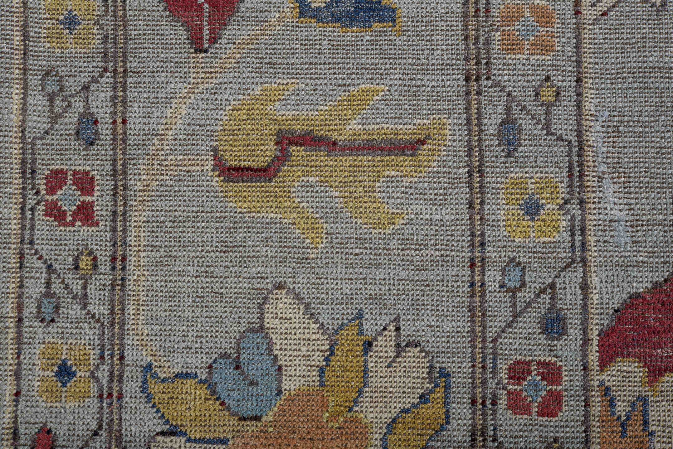 8' x 11' one-of-a-kind handmade vintage Oushak large size rug. Color palette: pale blue, ivory, gold, rust, navy, taupe