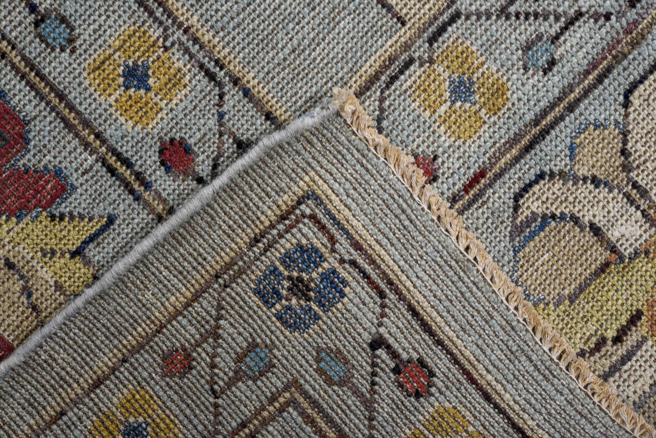 8' x 11' one-of-a-kind handmade vintage Oushak large size rug. Color palette: pale blue, ivory, gold, rust, navy, taupe