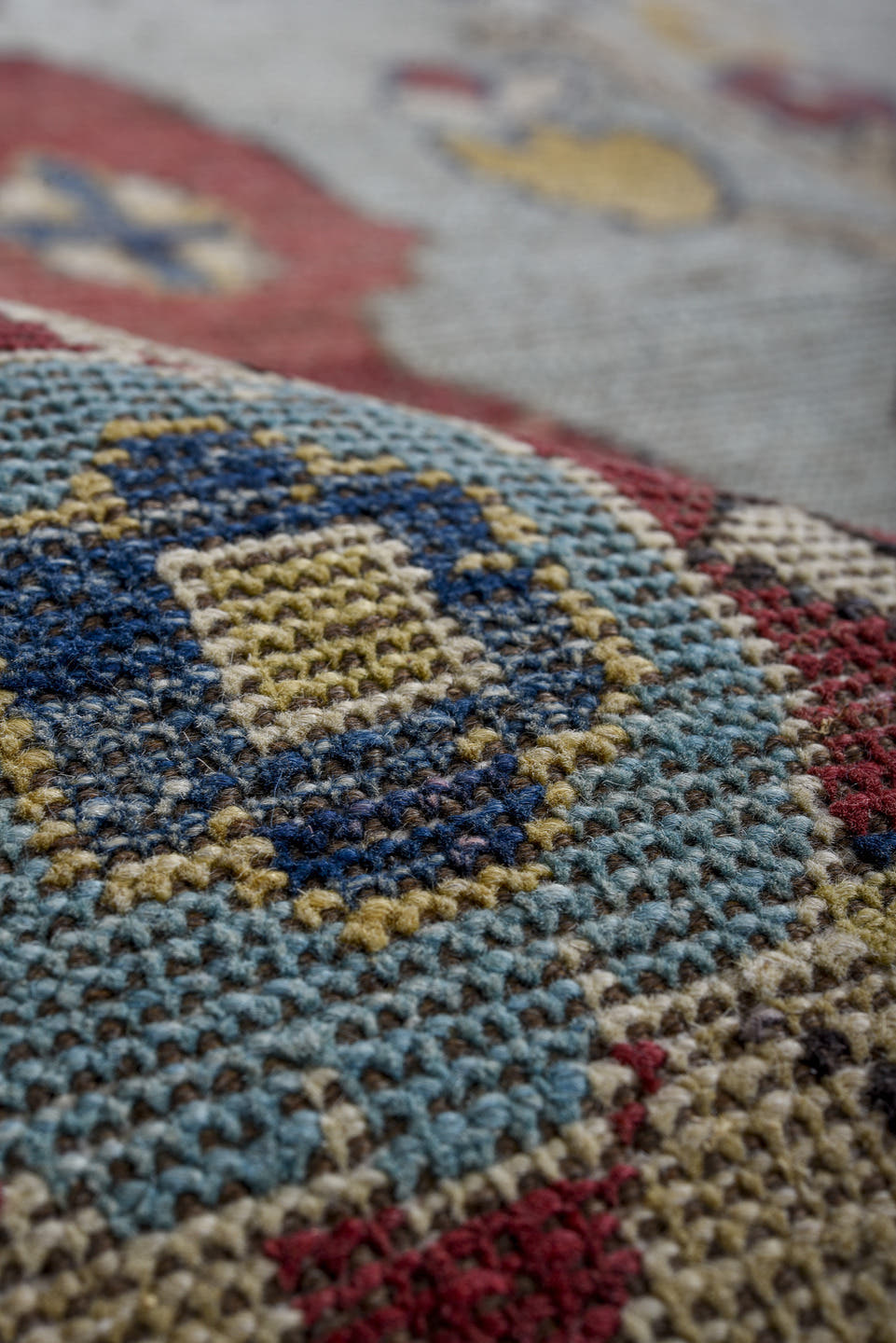 8' x 11' one-of-a-kind handmade vintage Oushak large size rug. Color palette: pale blue, ivory, gold, rust, navy, taupe