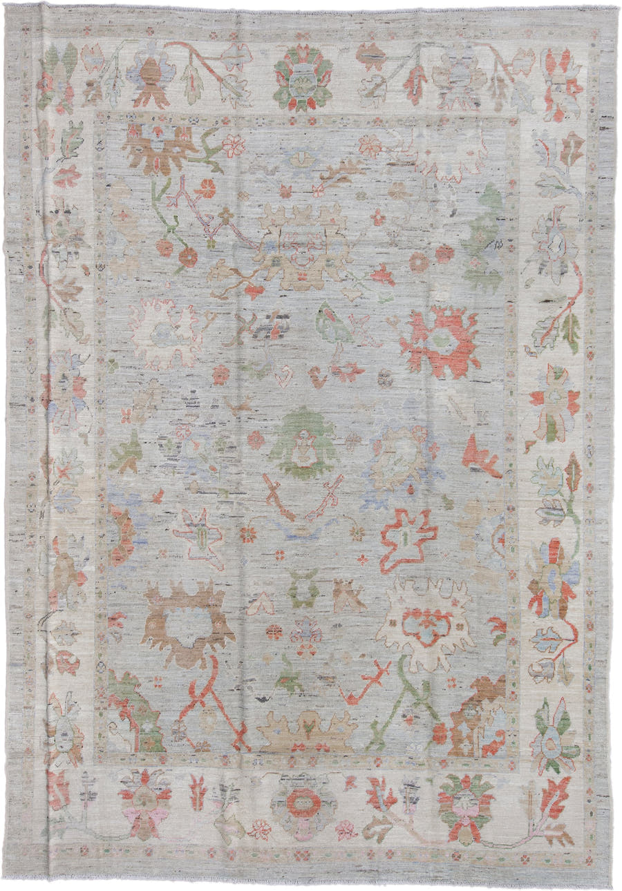 9' x 13' one-of-a-kind handmade vintage Oushak large size rug. Color palette: ivory, sage, coral, taupe, muted blue, beige