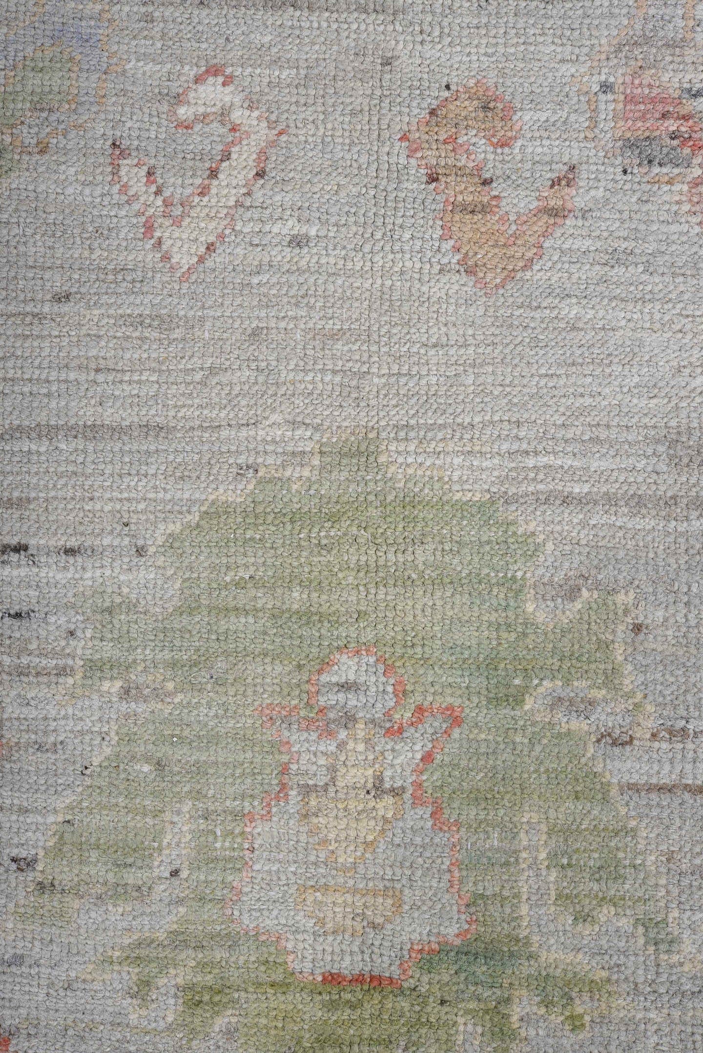 9' x 13' one-of-a-kind handmade vintage Oushak large size rug. Color palette: ivory, sage, coral, taupe, muted blue, beige