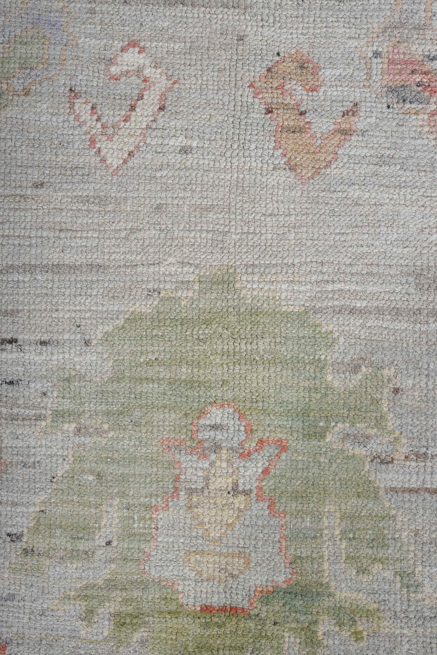 9' x 13' one-of-a-kind handmade vintage Oushak large size rug. Color palette: ivory, sage, coral, taupe, muted blue, beige