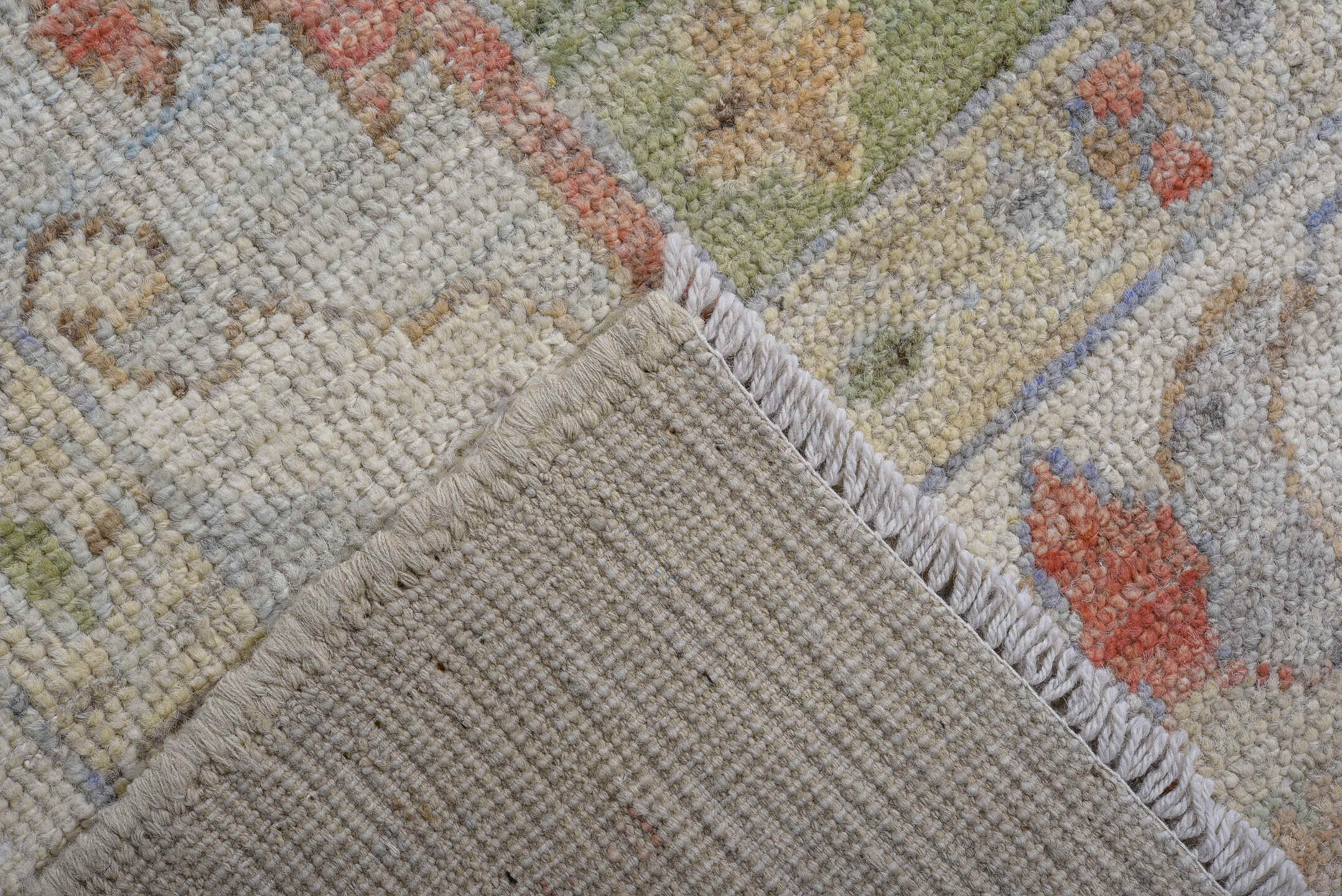 9' x 13' one-of-a-kind handmade vintage Oushak large size rug. Color palette: ivory, sage, coral, taupe, muted blue, beige