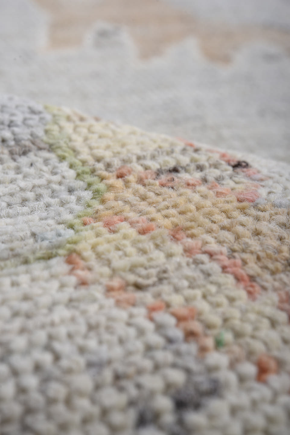 9' x 13' one-of-a-kind handmade vintage Oushak large size rug. Color palette: ivory, sage, coral, taupe, muted blue, beige