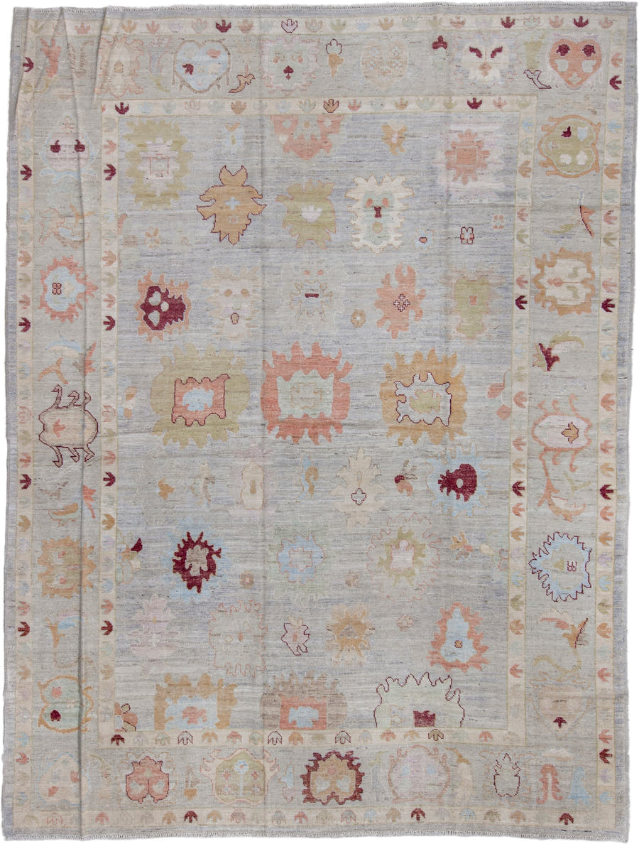 10' x 13' one-of-a-kind handmade vintage Oushak large size rug. Color palette: pale blue, ivory, blush, sage, gold, burgundy