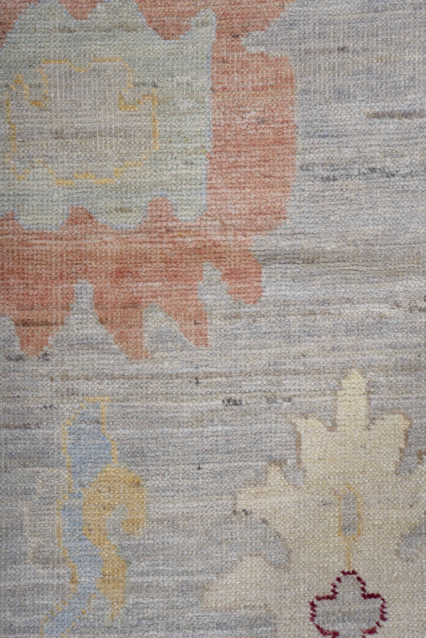 10' x 13' one-of-a-kind handmade vintage Oushak large size rug. Color palette: pale blue, ivory, blush, sage, gold, burgundy
