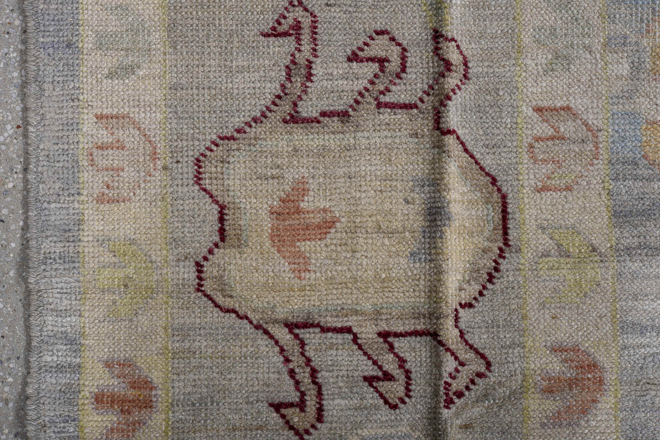 10' x 13' one-of-a-kind handmade vintage Oushak large size rug. Color palette: pale blue, ivory, blush, sage, gold, burgundy